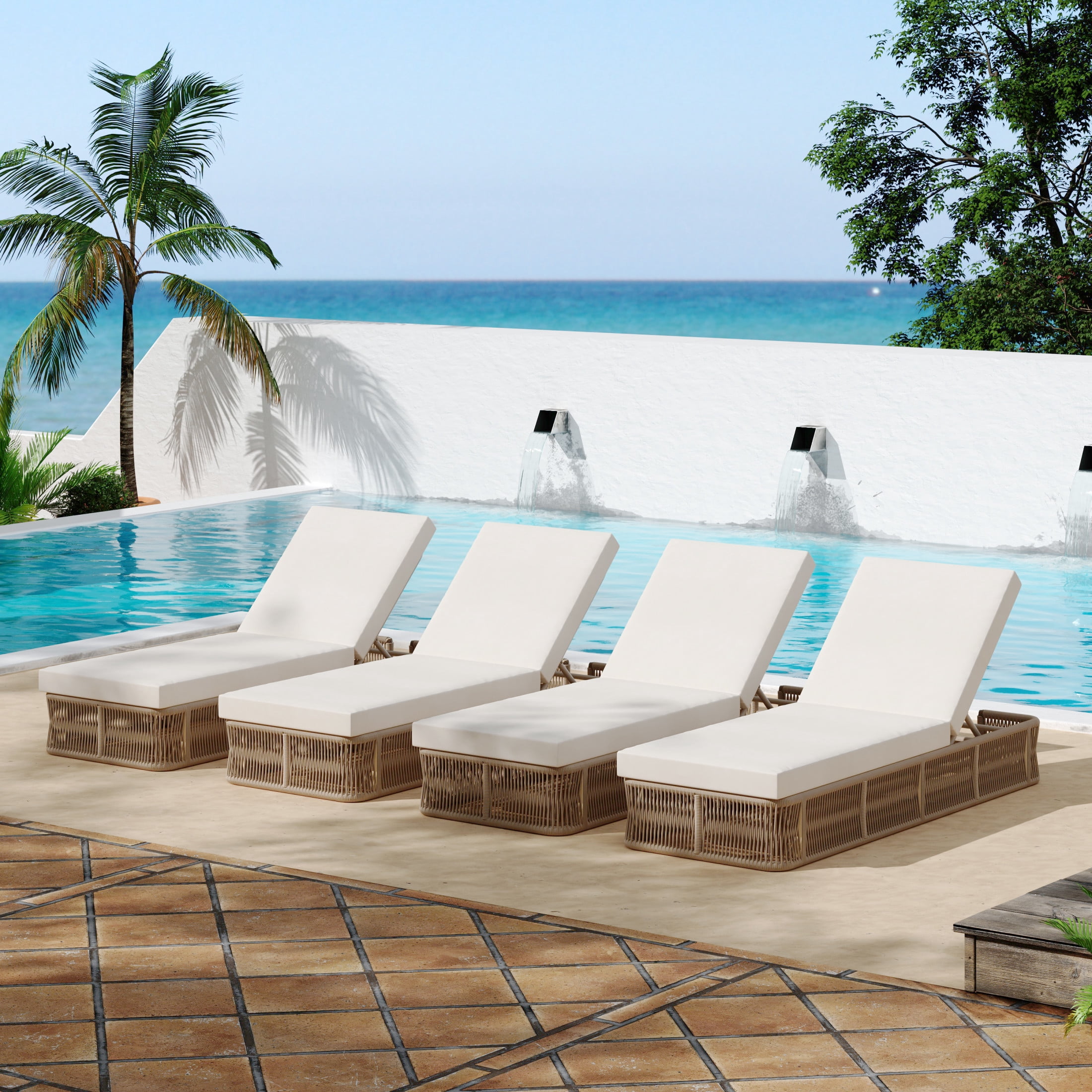 Christopher Knight Home Outdoor Sun Lounge Chair with Cream Cushion, Adjustable Backrest, Beige Frame, Set of 4
