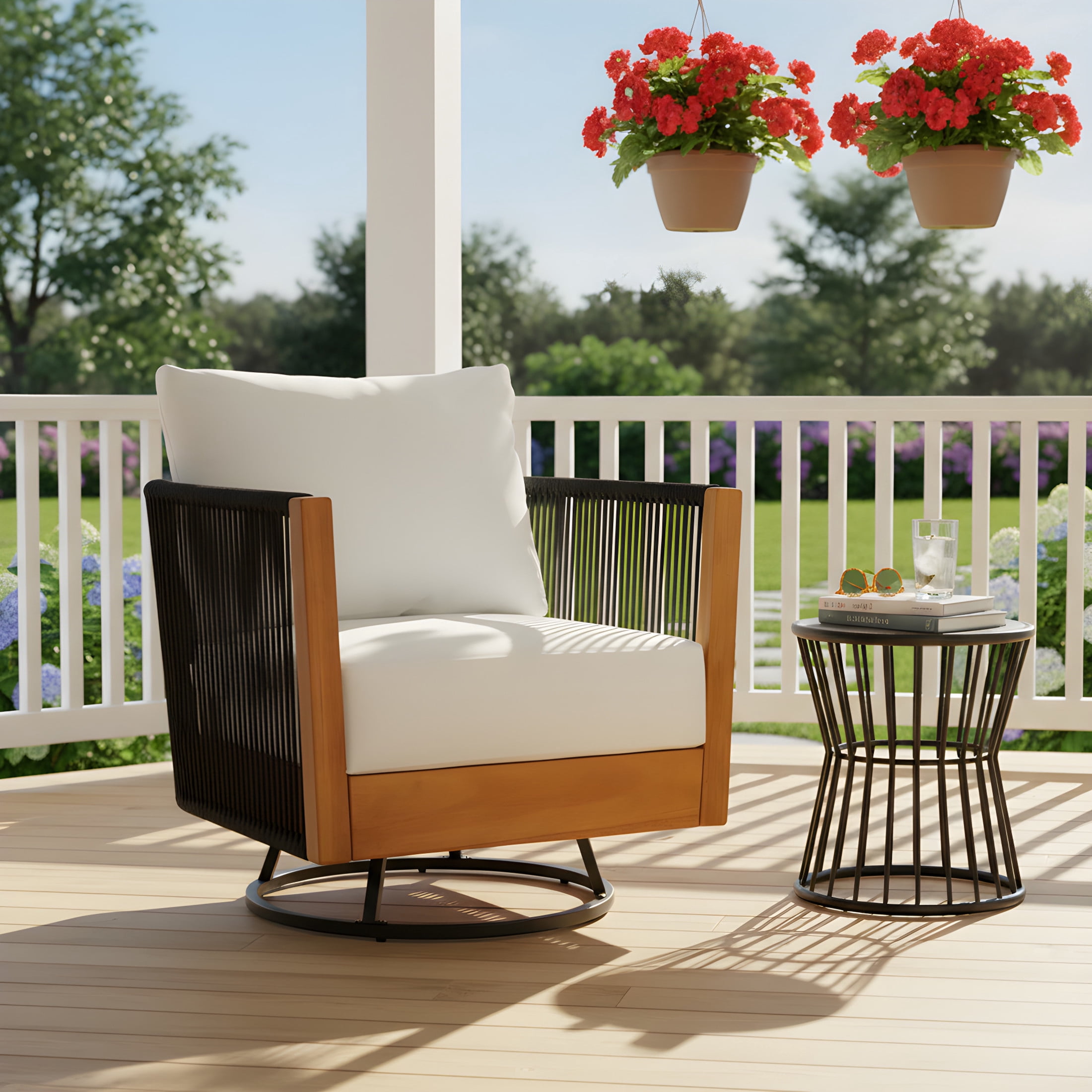 Christopher Knight Home Outdoor Swivel Chair with Rope Design, Rotating Chair with Cushion, Natural + Black