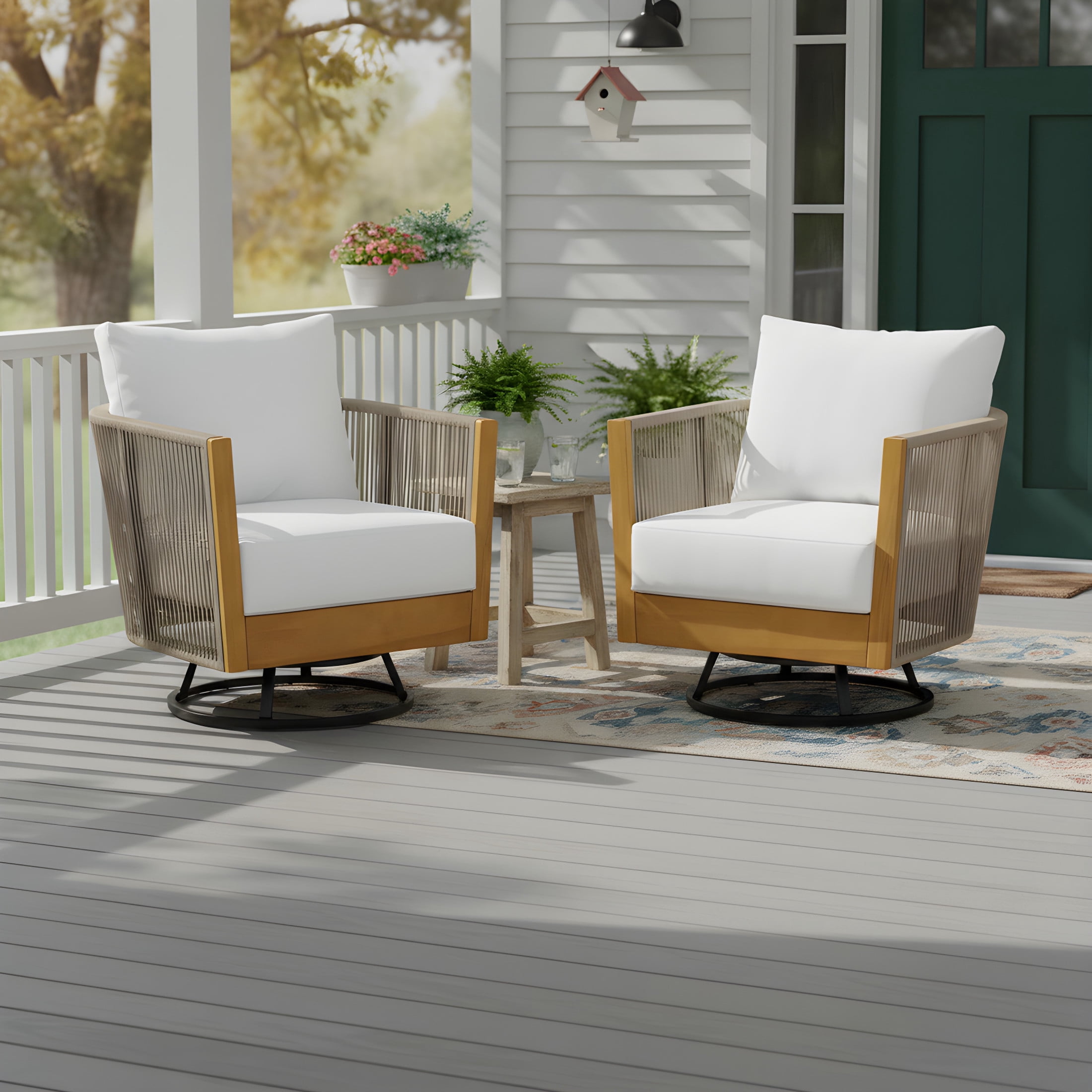 Christopher Knight Home Outdoor Swivel Chair with Rope Design, Set of 2, Natural + Beige