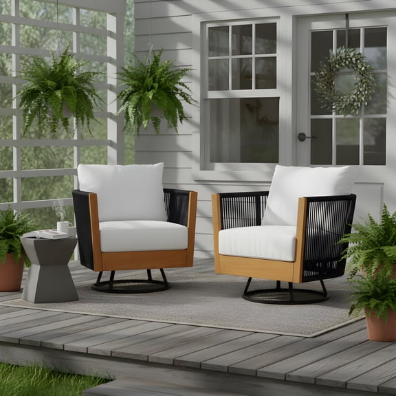 Christopher Knight Home Outdoor Swivel Chair with Rope Design, Set of 2, Natural + Black