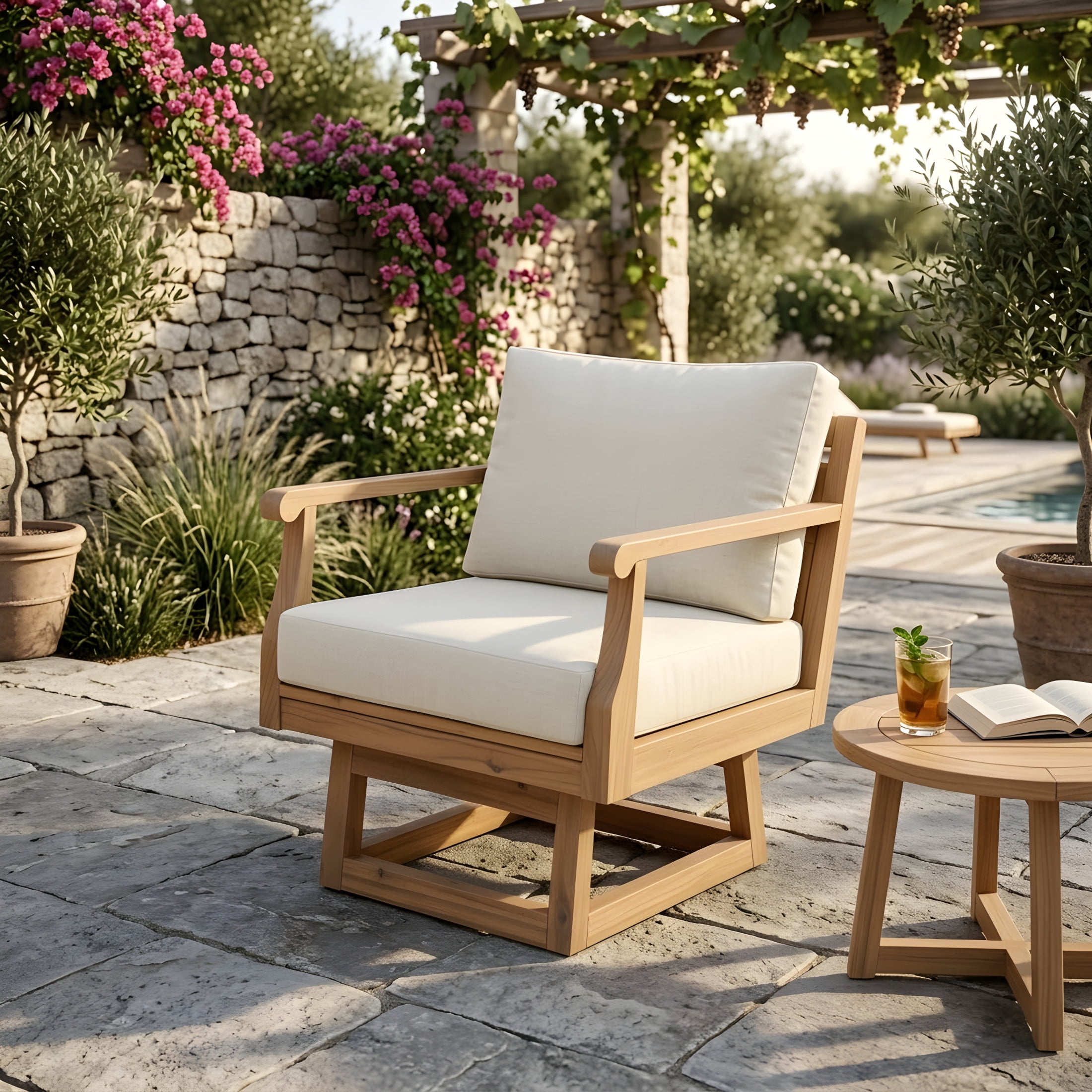 Christopher Knight Home Outdoor Swivel Club Chair with Cushions, Natural + Beige
