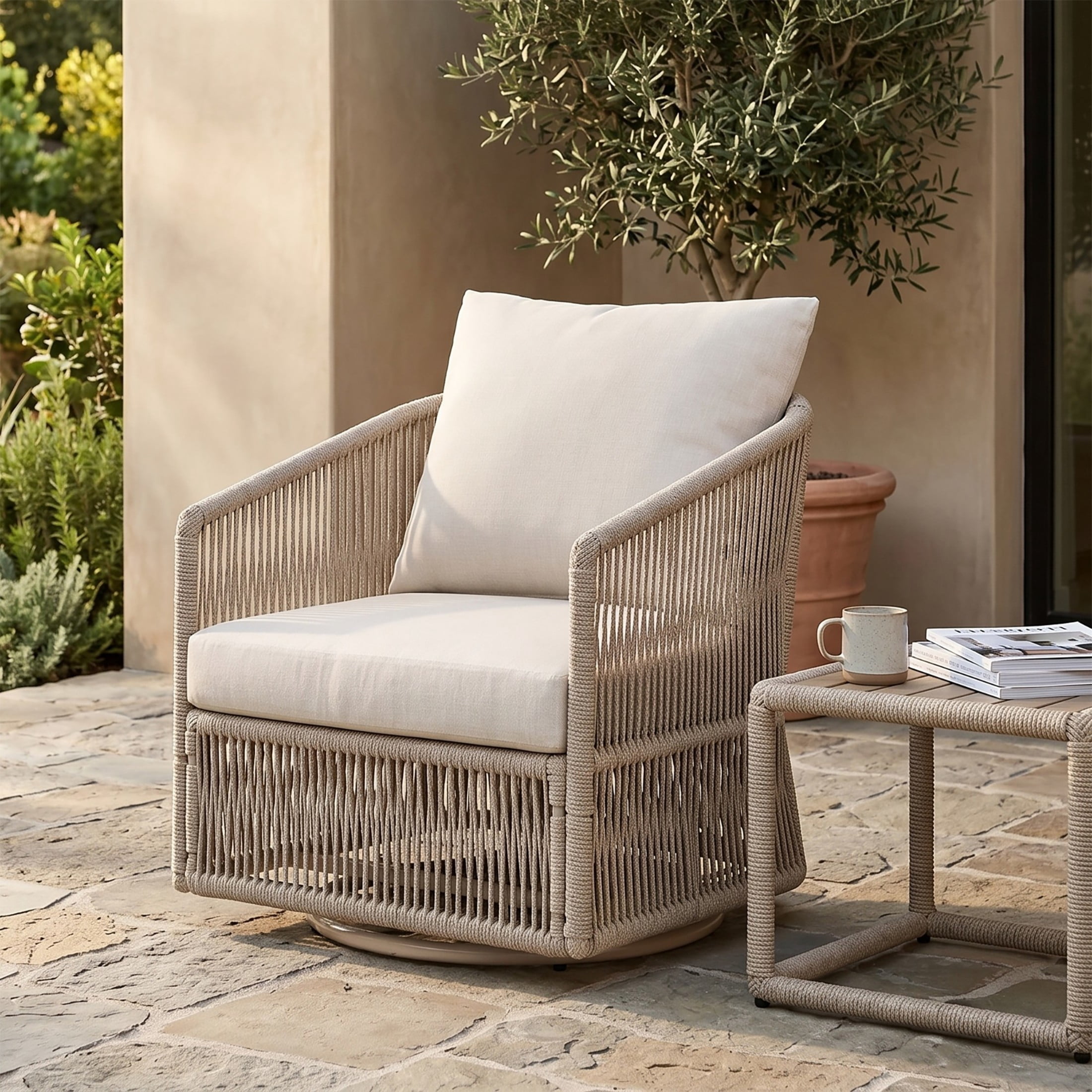 Christopher Knight Home Outdoor Swivel Patio Chair with 360° Rotating Base, Removable Beige Cushions, Sand