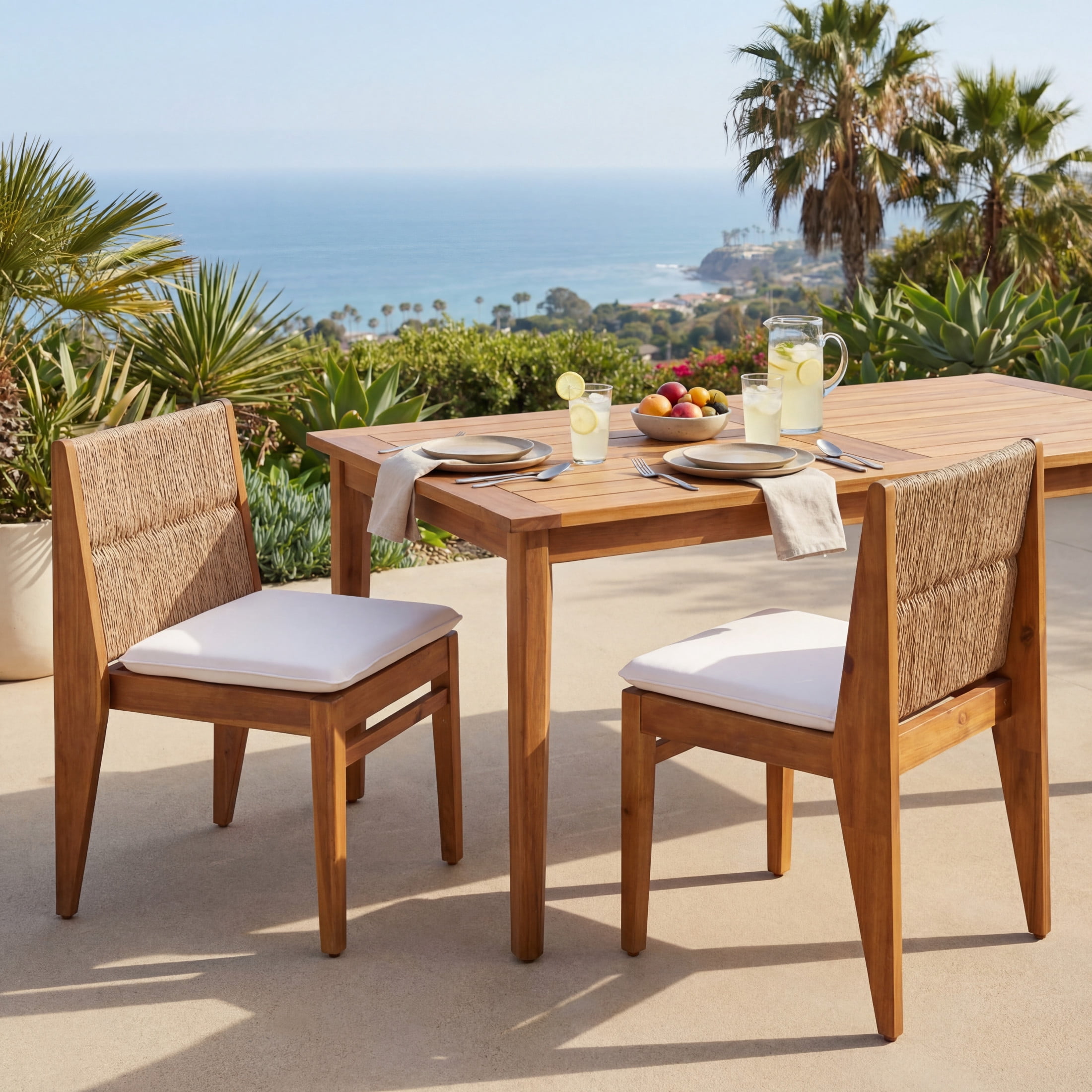 Christopher Knight Home Outdoor Wicker Armless Dining Chair, Acacia Wood with Cushions, Teak, Set of 2