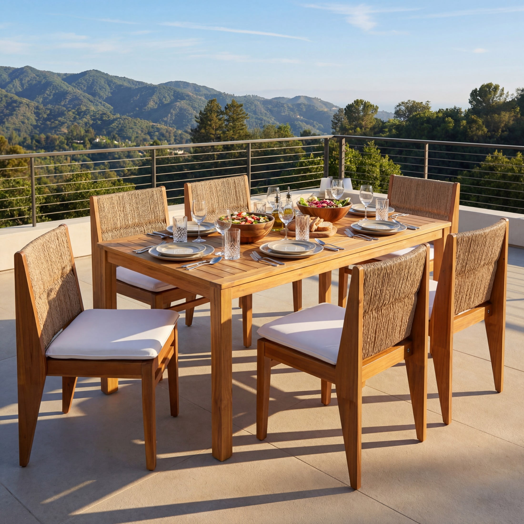 Christopher Knight Home Outdoor Wicker Armless Dining Chair, Acacia Wood with Cushions, Teak, Set of 6