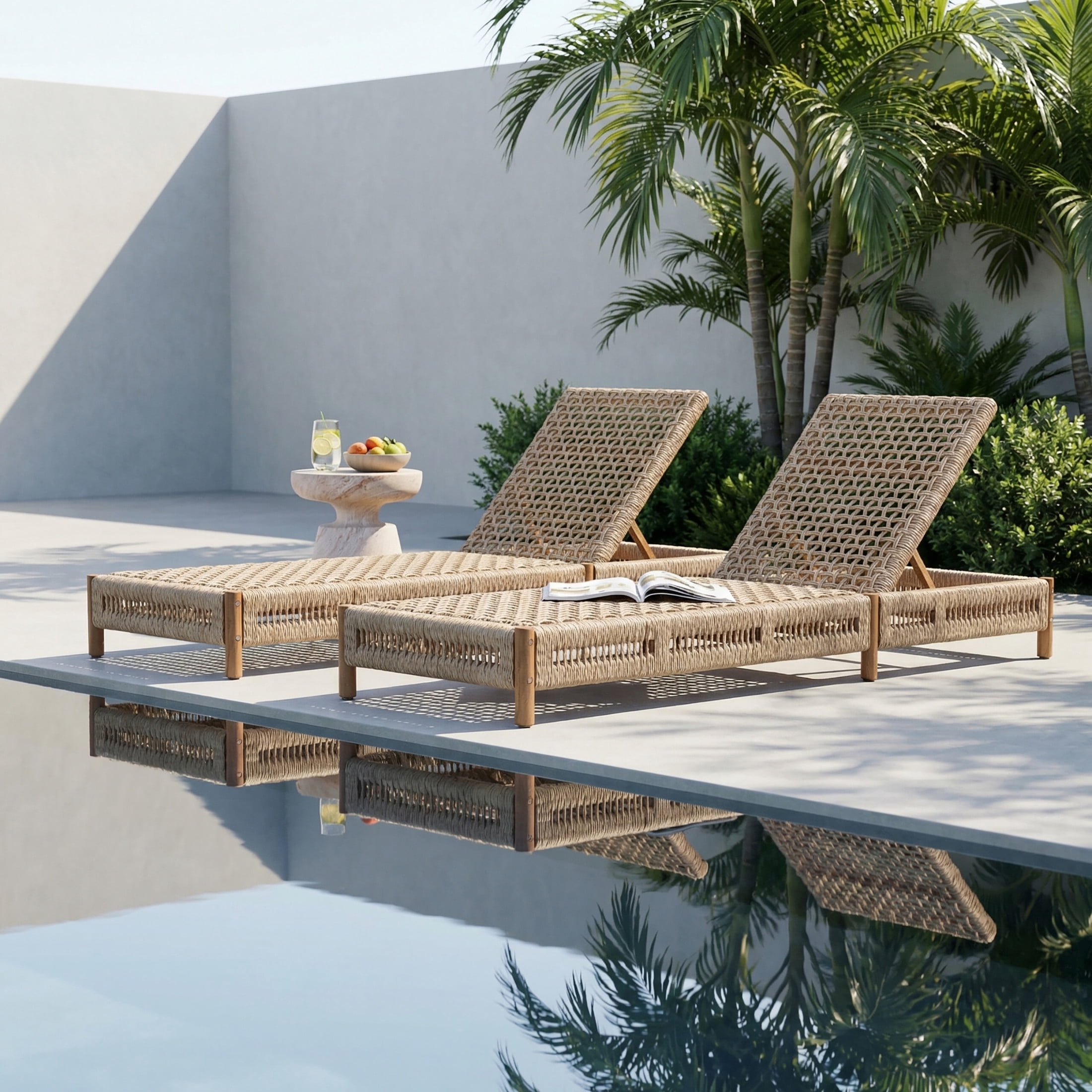 Christopher Knight Home Outdoor Wicker Chaise Lounge, Acacia Wood Frame, Adjustable Backrest, Beige, Set of 2