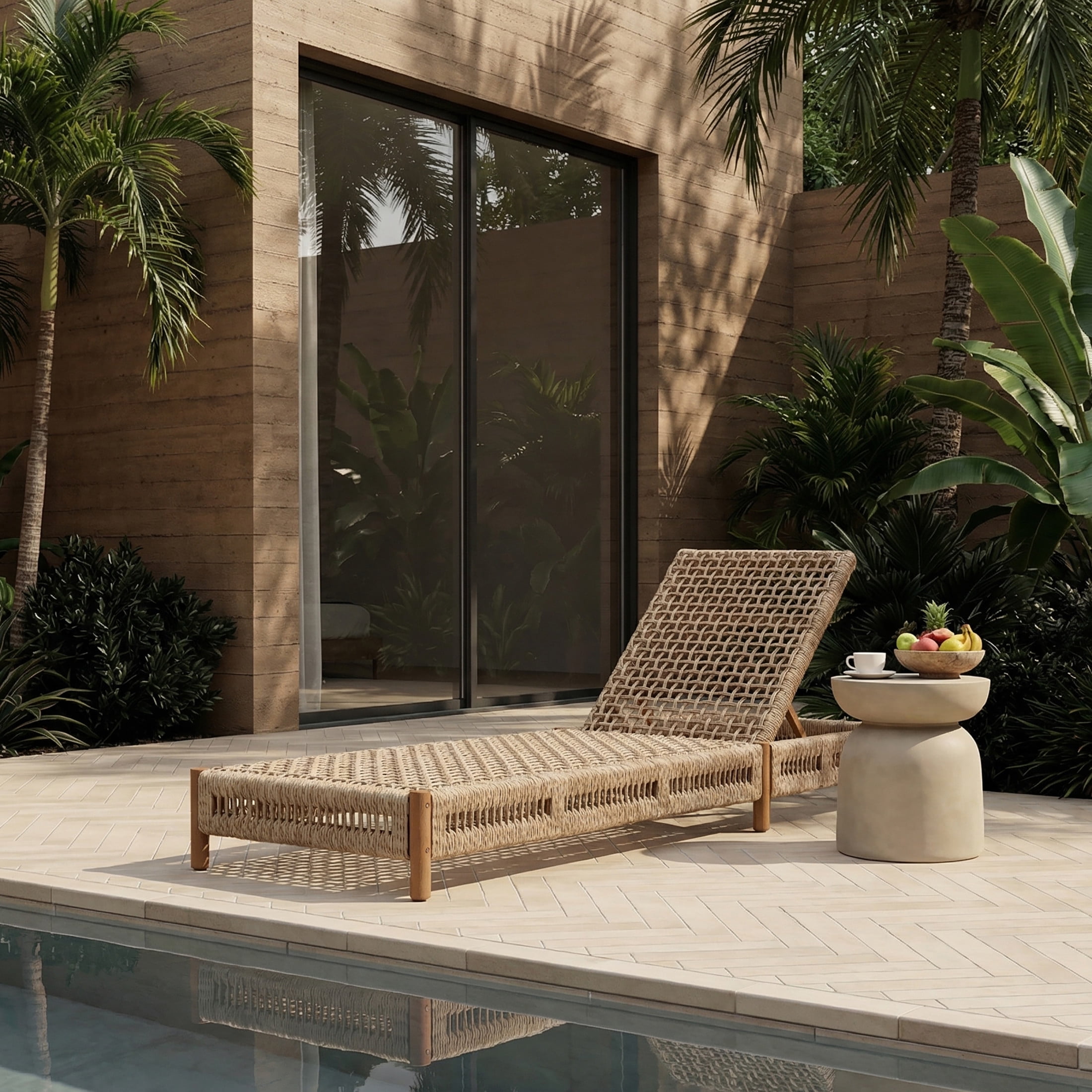 Christopher Knight Home Outdoor Wicker Chaise Lounge, Acacia Wood Frame, Adjustable Backrest, Beige