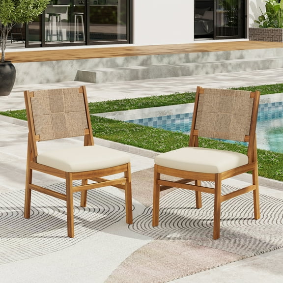 Christopher Knight Home Outdoor Wicker Dining Chairs with Cushions, Solid Wood Frame, Teak+Cream, Set of 2