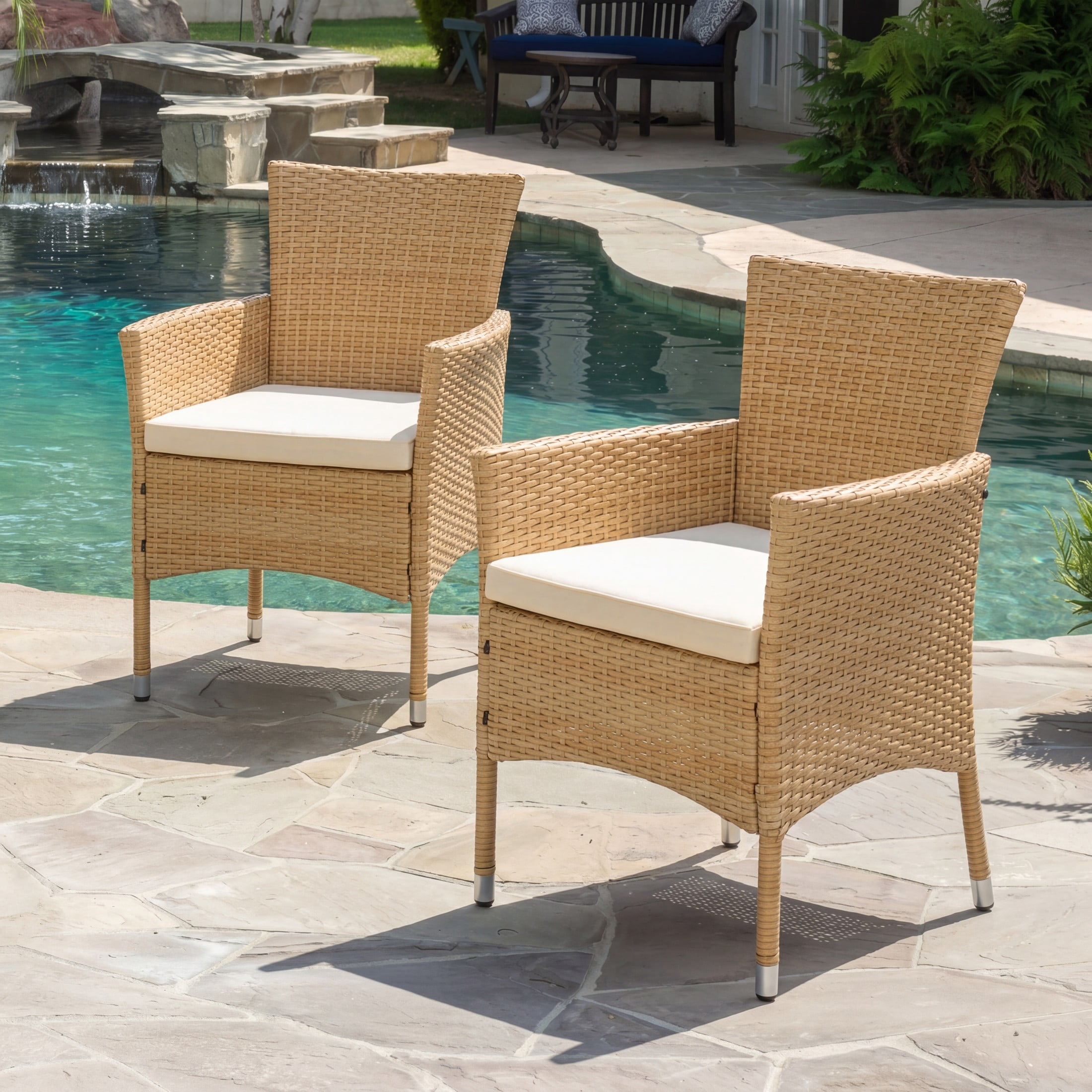 Christopher Knight Home Outdoor Wicker Patio Dining Chairs with Cushions, Natural, Set of 2