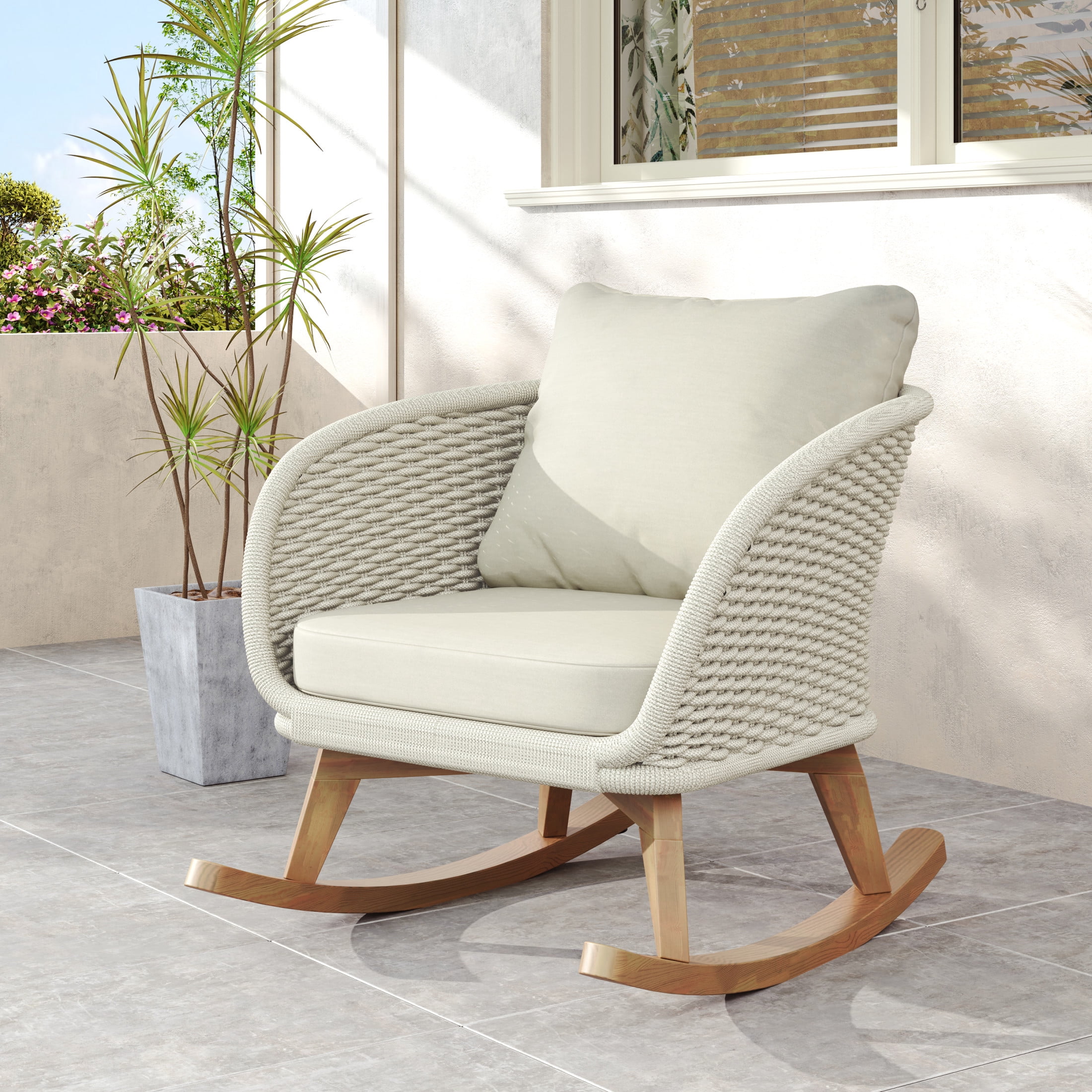 Christopher Knight Home Outdoor Wicker Rocking Chair with Cushions, Solid Wood Frame, Beige