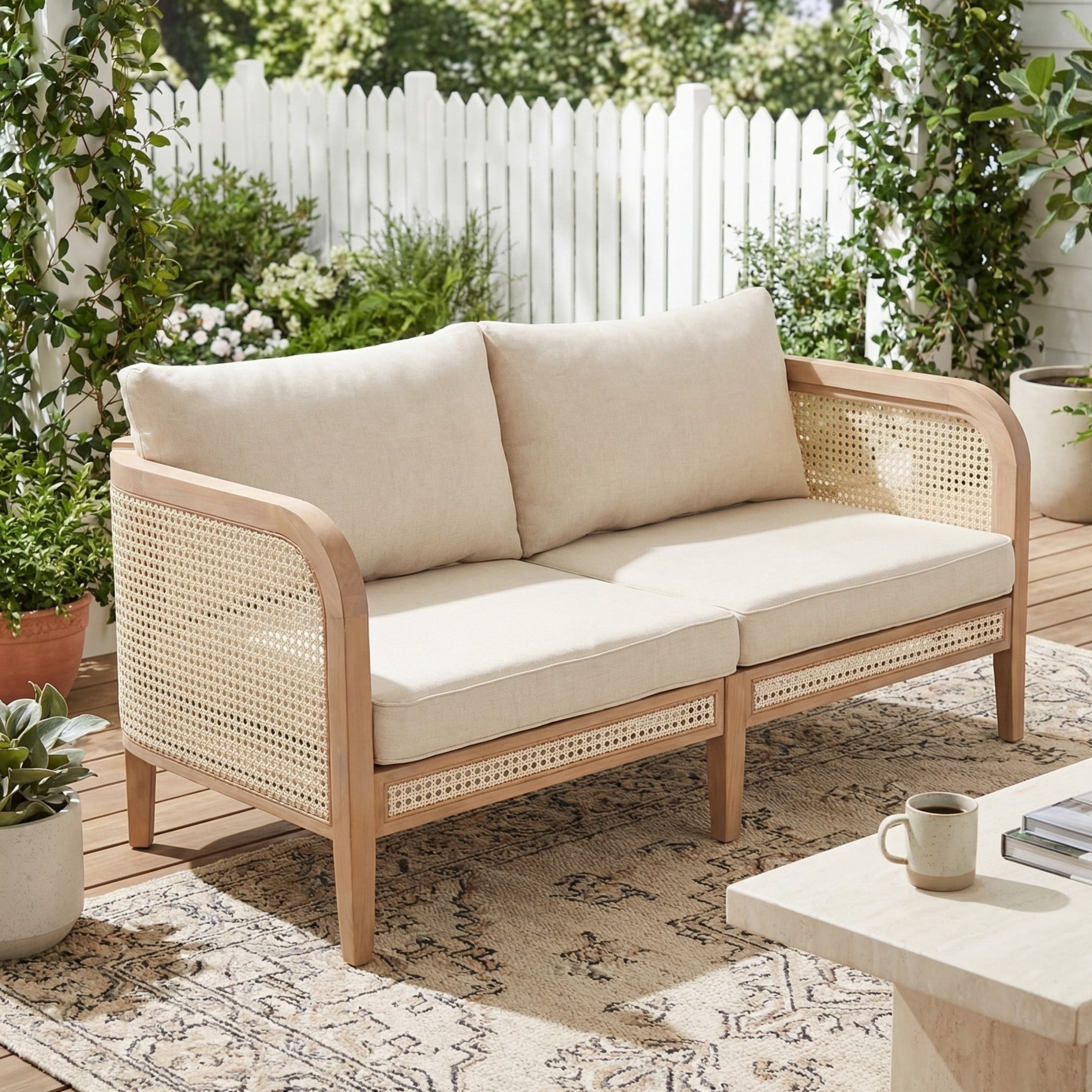 Christopher Knight Home Outdoor Wicker Sofa, Acacia Wood Frame with Cushions, Boho Patio Loveseat, Natural+Beige