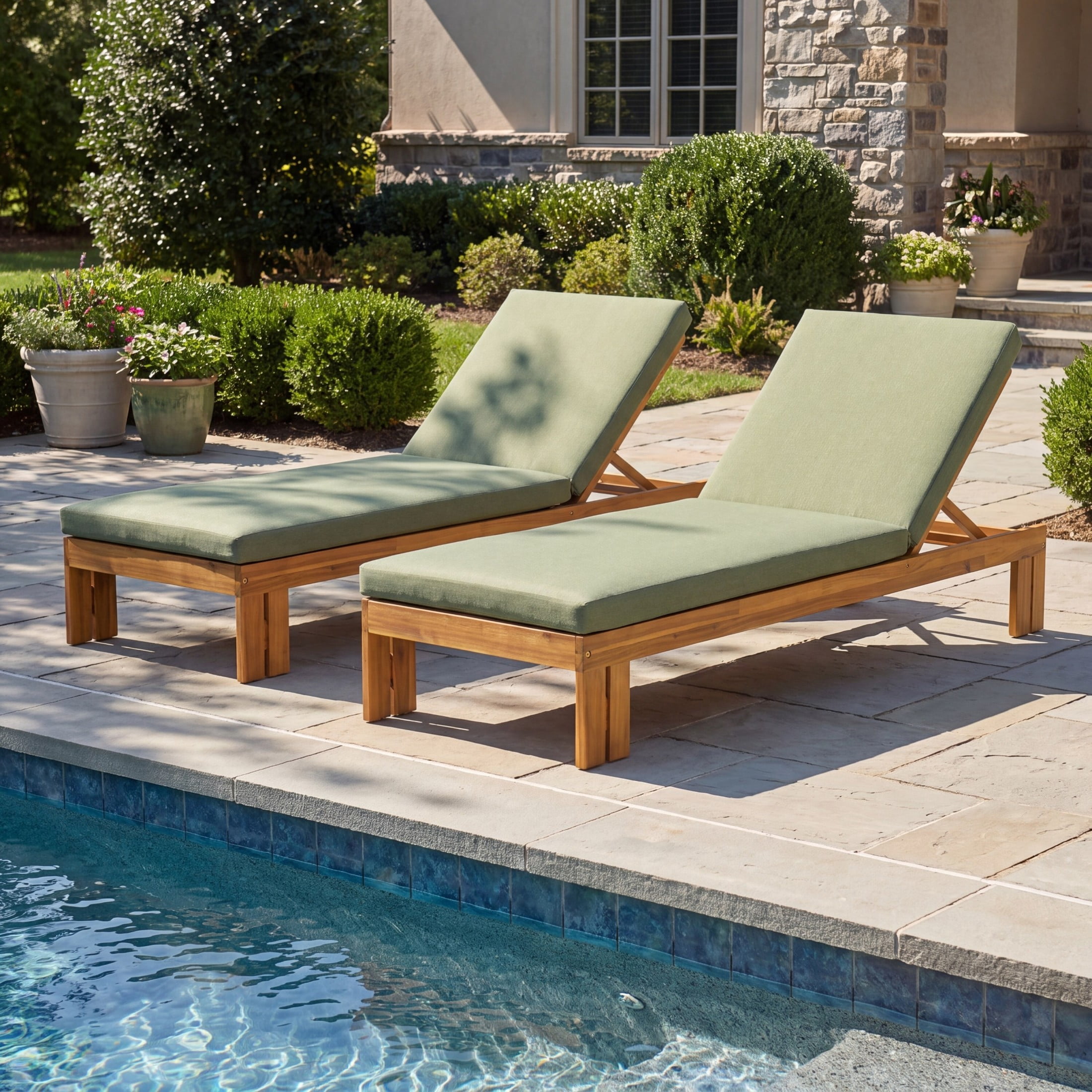 Christopher Knight Home Outdoor Wood Chaise Lounge, Adjustable Backrest and Removable Cushion, Green, Set of 2