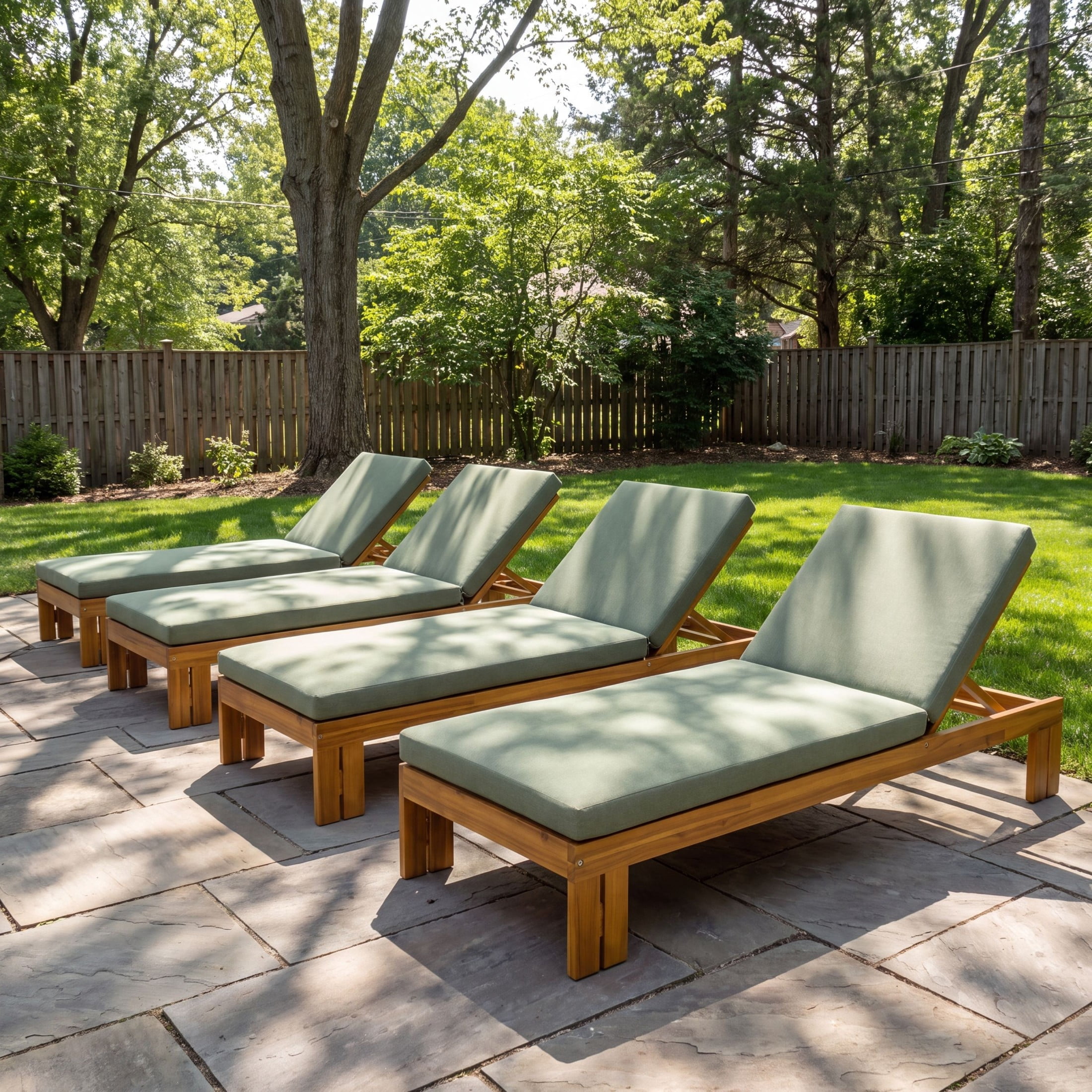 Christopher Knight Home Outdoor Wood Chaise Lounge, Adjustable Backrest and Removable Cushion, Green, Set of 4