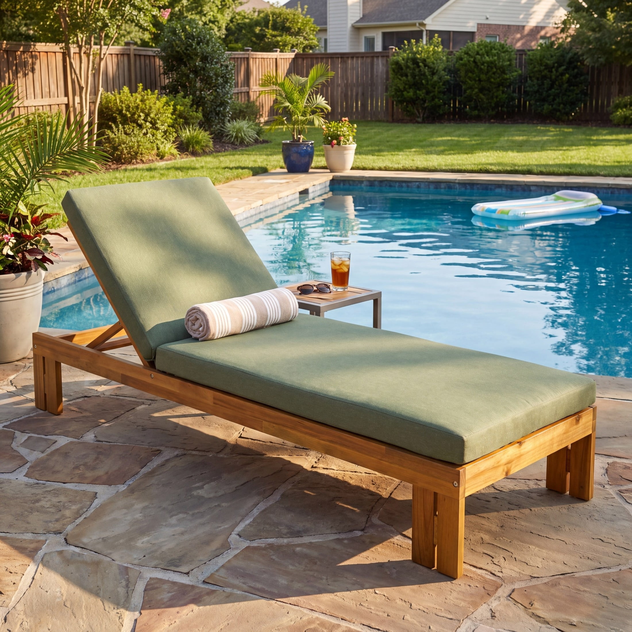 Christopher Knight Home Outdoor Wood Chaise Lounge, Adjustable Backrest and Removable Cushion, Green