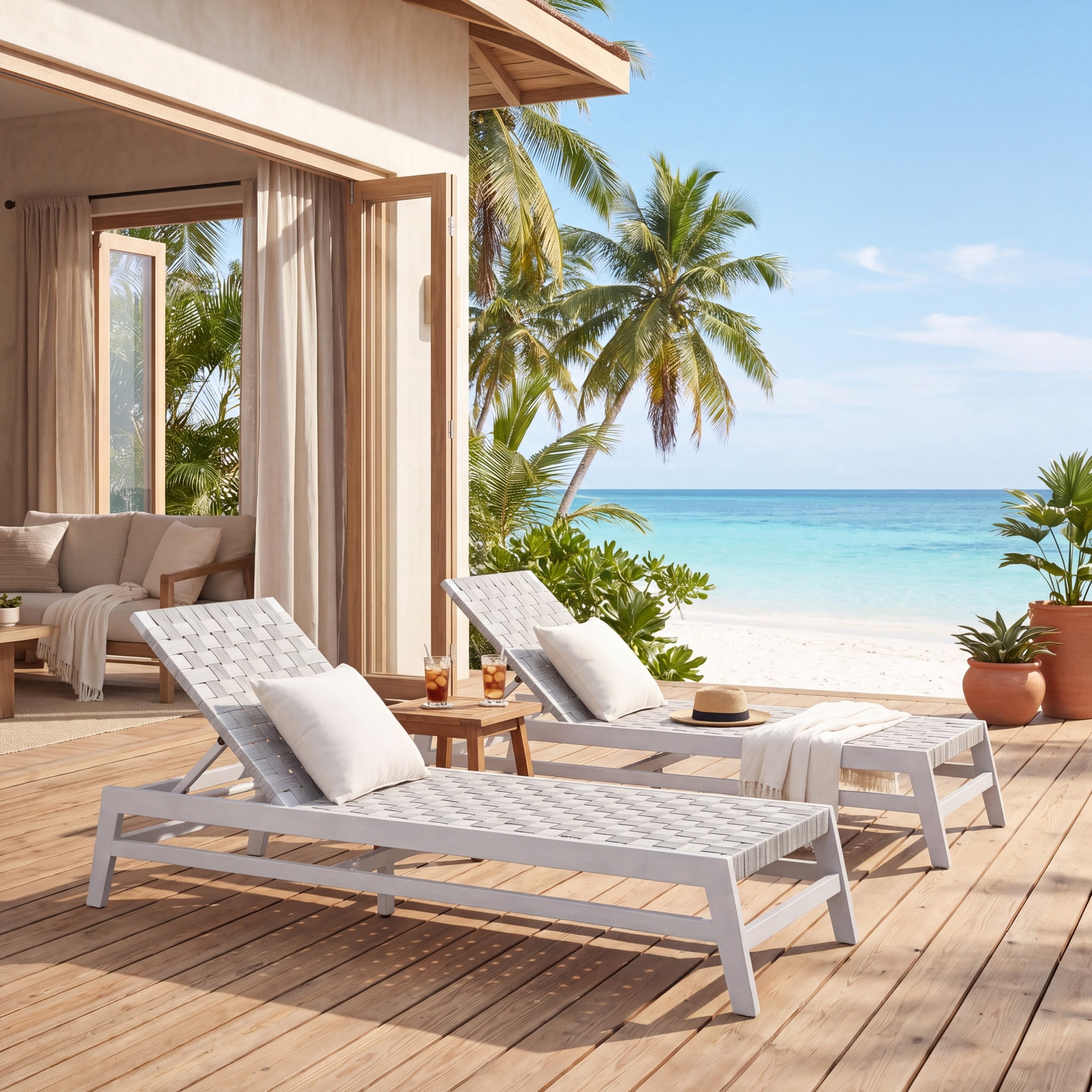 Christopher Knight Home Outdoor Wood Chaise Lounge Chair, Adjustable 4-Position Recliner with Rope Seat, Light Gray, Set of 2