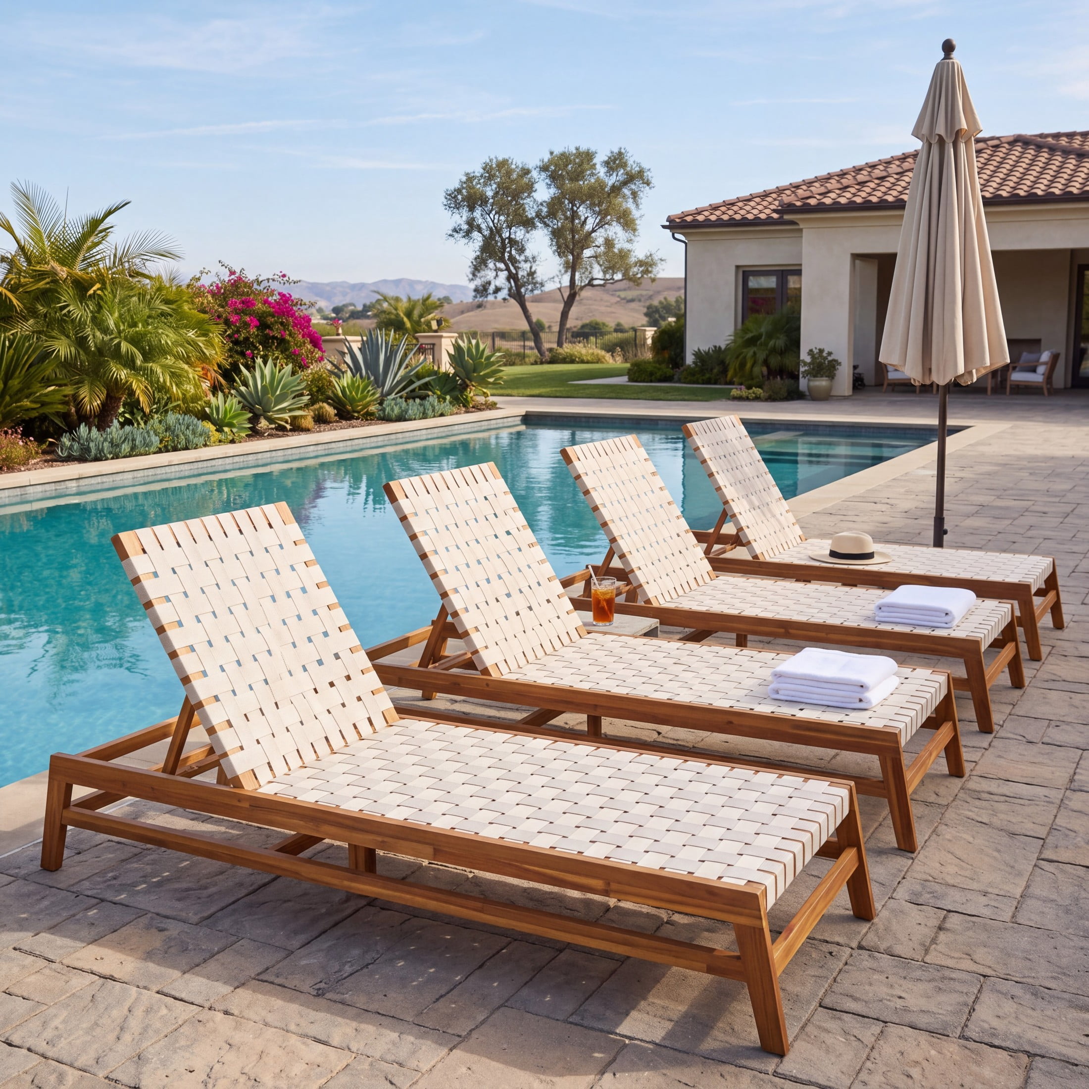 Christopher Knight Home Outdoor Wood Chaise Lounge Chair, Adjustable 4-Position Recliner with Rope Seat, White, Set of 4