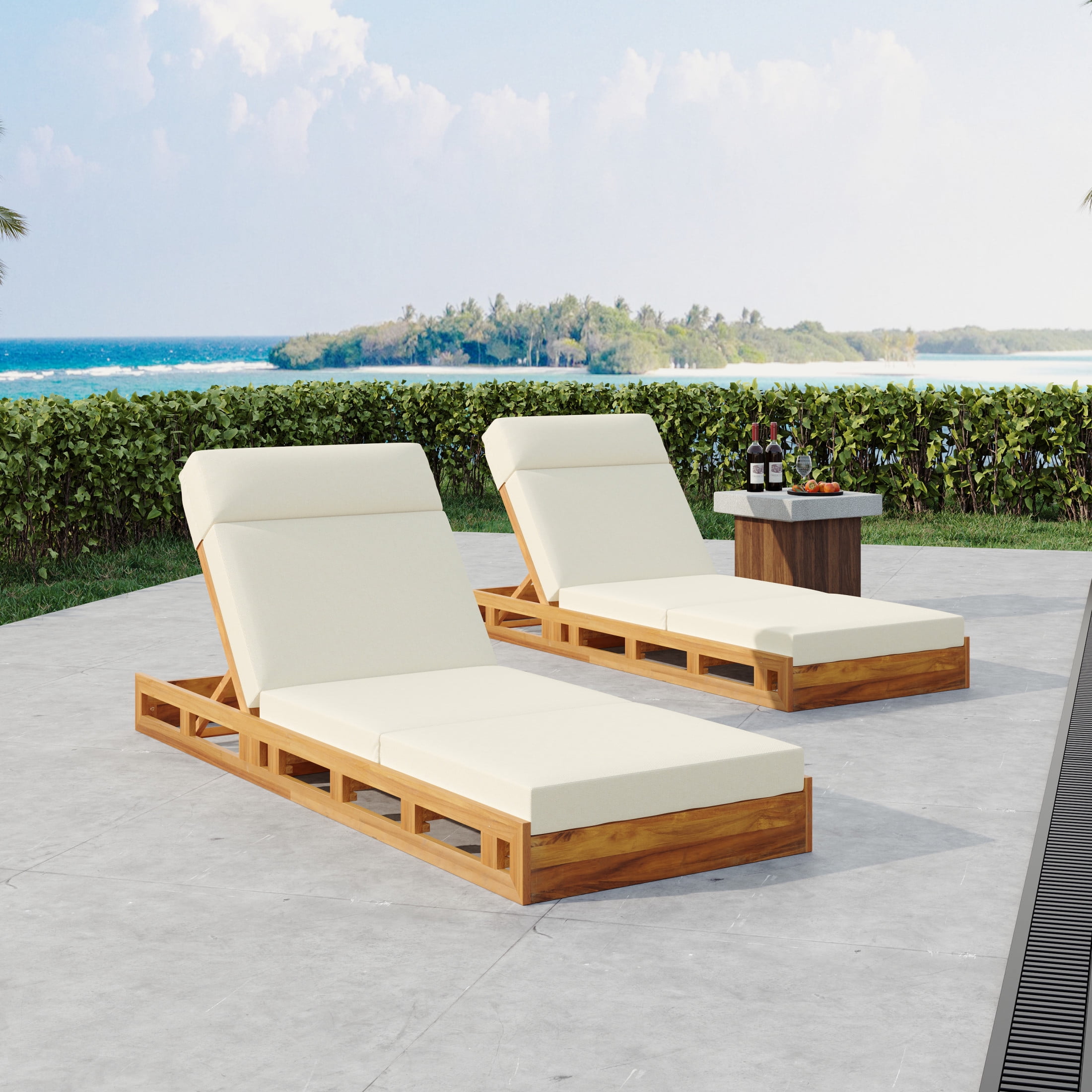 Christopher Knight Home Outdoor Wood Chaise Lounge with Adjustable Backrest, Quad-folding Cushion, Beige, Set of 2
