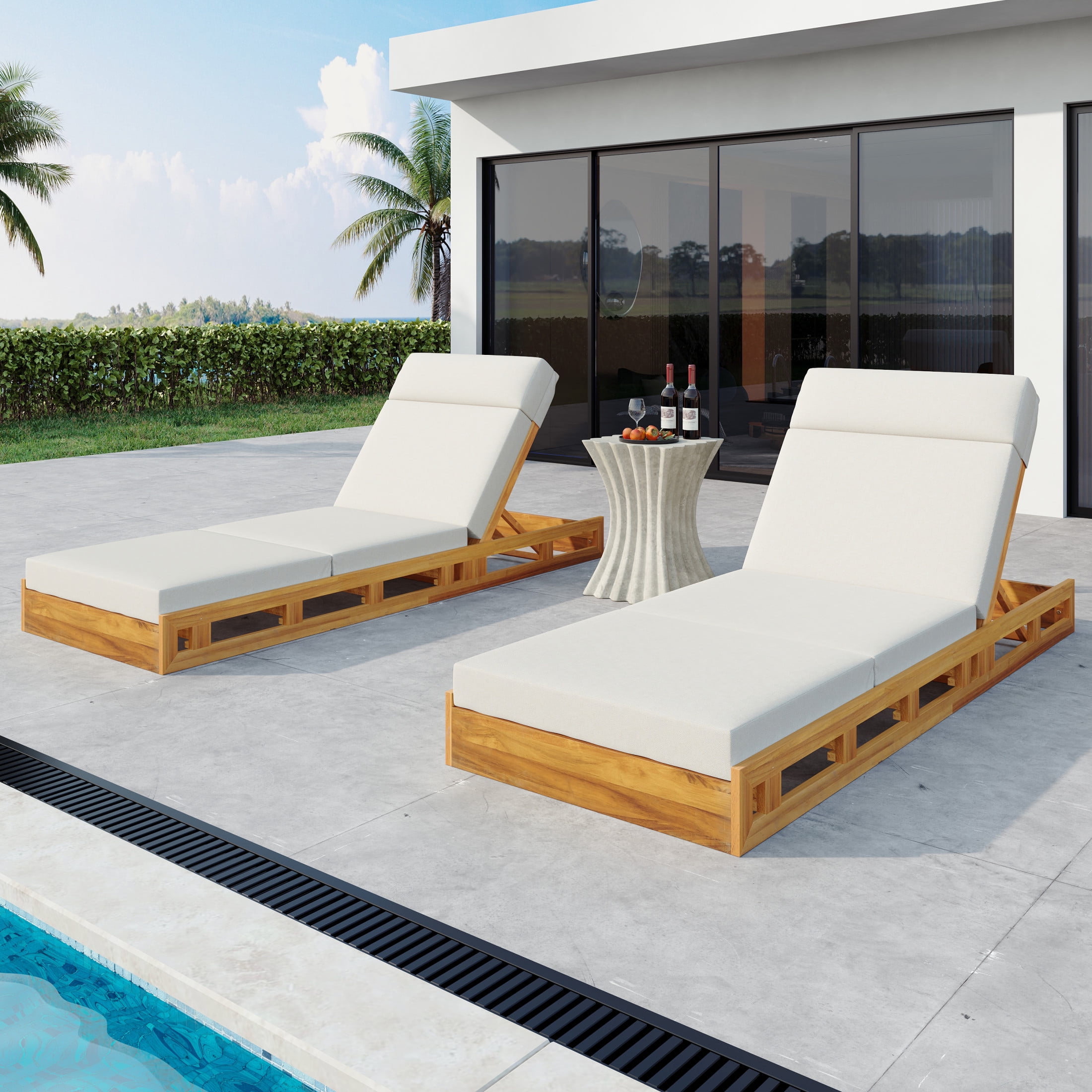 Christopher Knight Home Outdoor Wood Chaise Lounge with Adjustable Backrest, Quad-folding Cushion, Cream, Set of 2