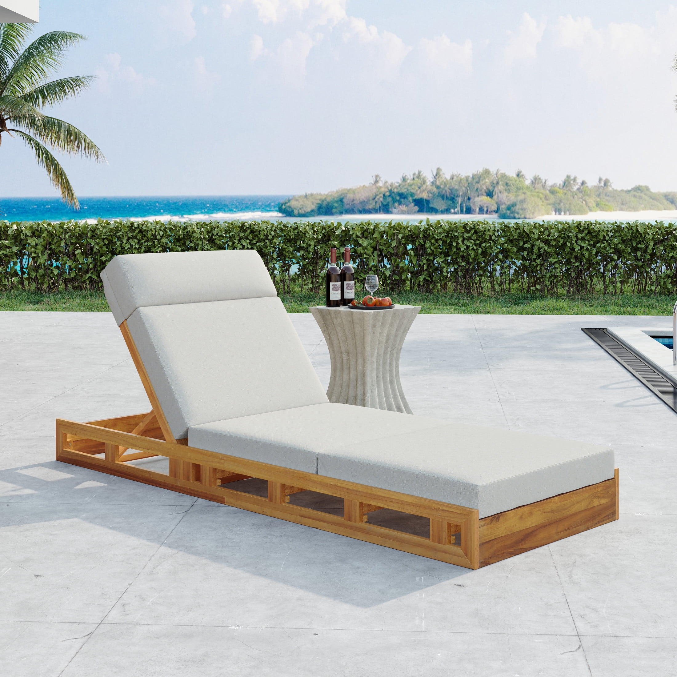 Christopher Knight Home Outdoor Wood Chaise Lounge with Adjustable Backrest, Quad-folding Cushion, Cream