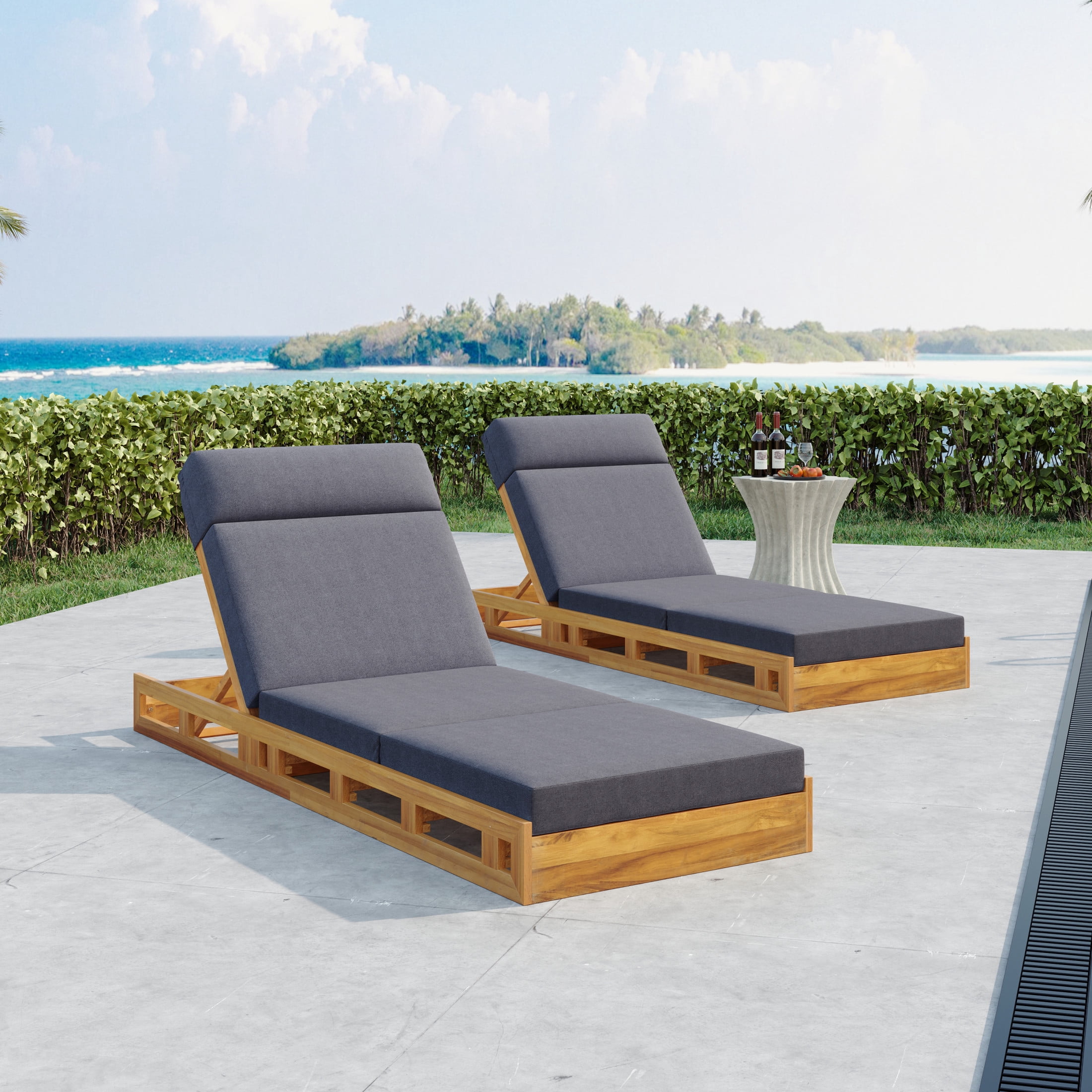Christopher Knight Home Outdoor Wood Chaise Lounge with Adjustable Backrest, Quad-folding Cushion, Dark Gray, Set of 2
