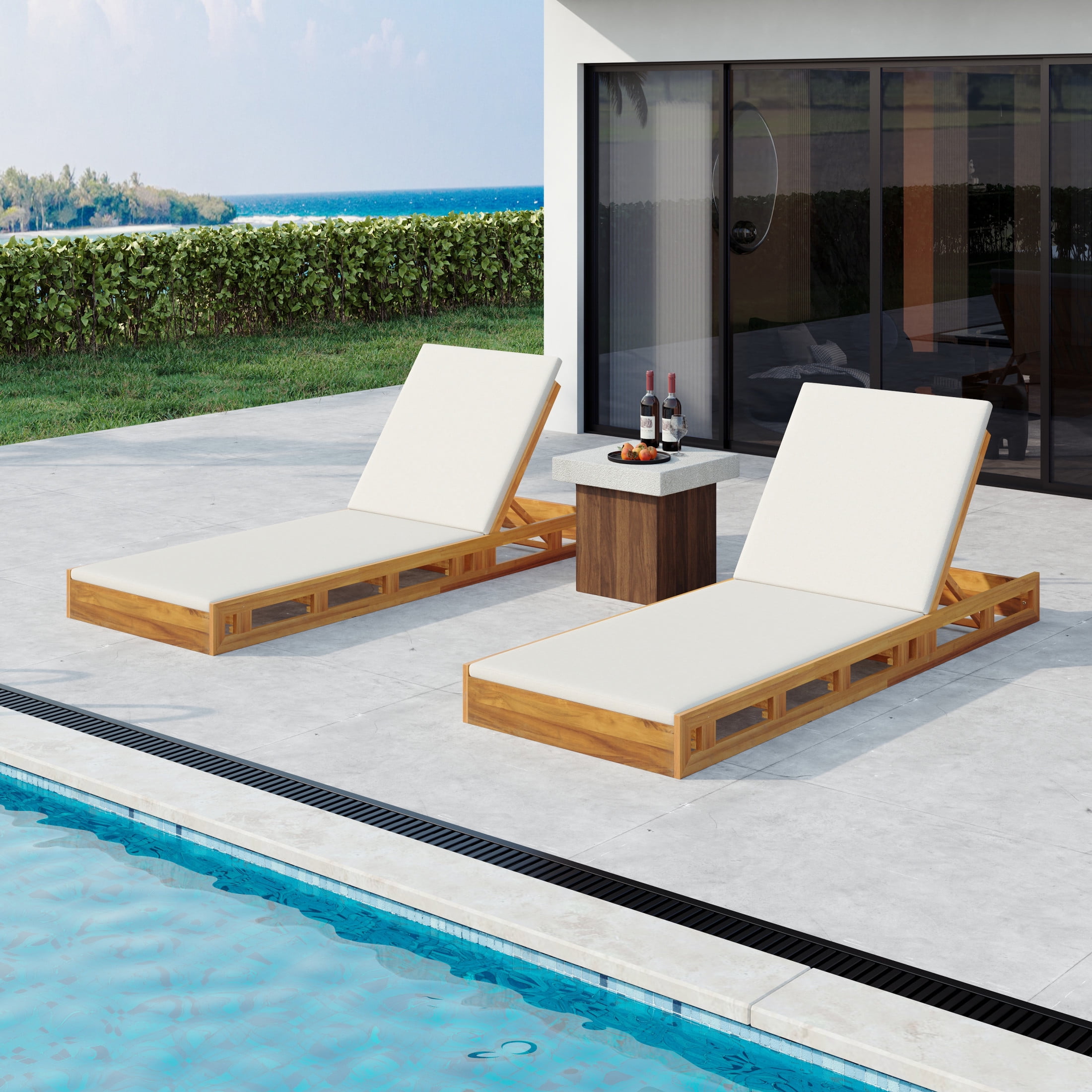 Christopher Knight Home Outdoor Wood Chaise Lounge with Adjustable Backrest, Slatted Base and Cushion, Cream, Set of 2