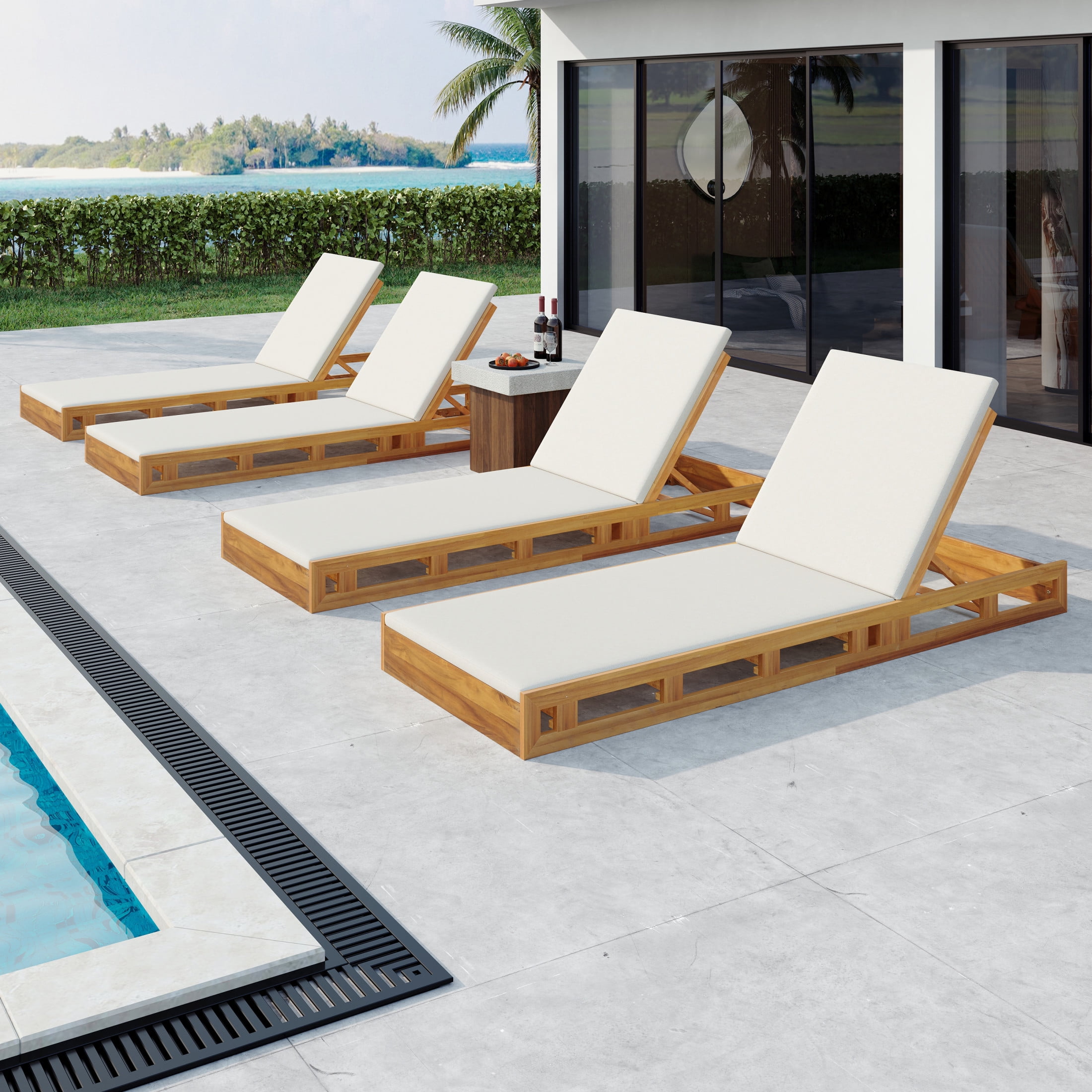 Christopher Knight Home Outdoor Wood Chaise Lounge with Adjustable Backrest, Slatted Base and Cushion, Cream, Set of 4