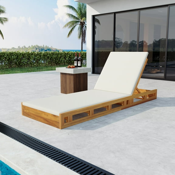 Christopher Knight Home Outdoor Wood Chaise Lounge with Adjustable Backrest, Slatted Base and Cushion, Cream