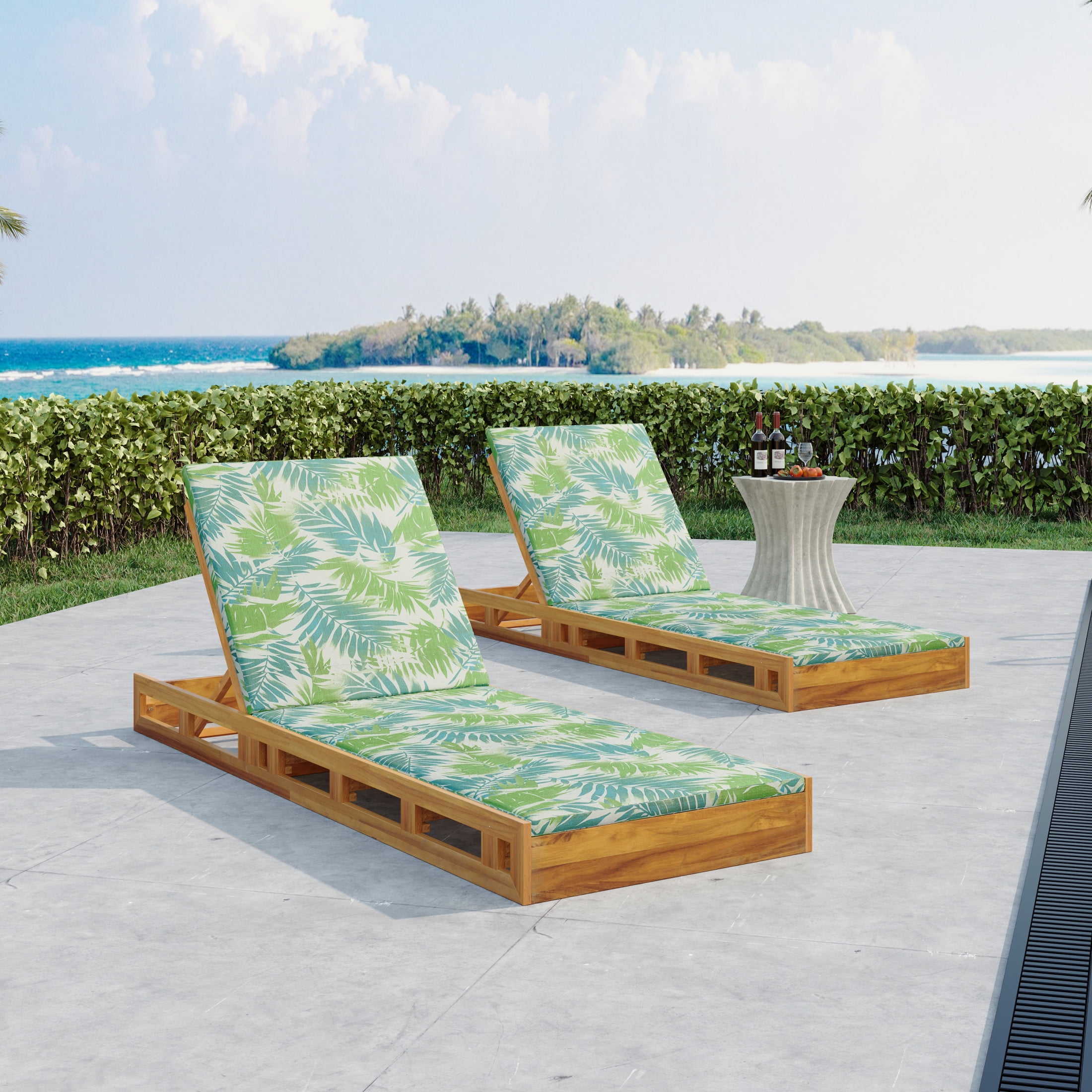 Christopher Knight Home Outdoor Wood Chaise Lounge with Adjustable Backrest, Slatted Base and Cushion, Leaf-Patterned, Set of 2