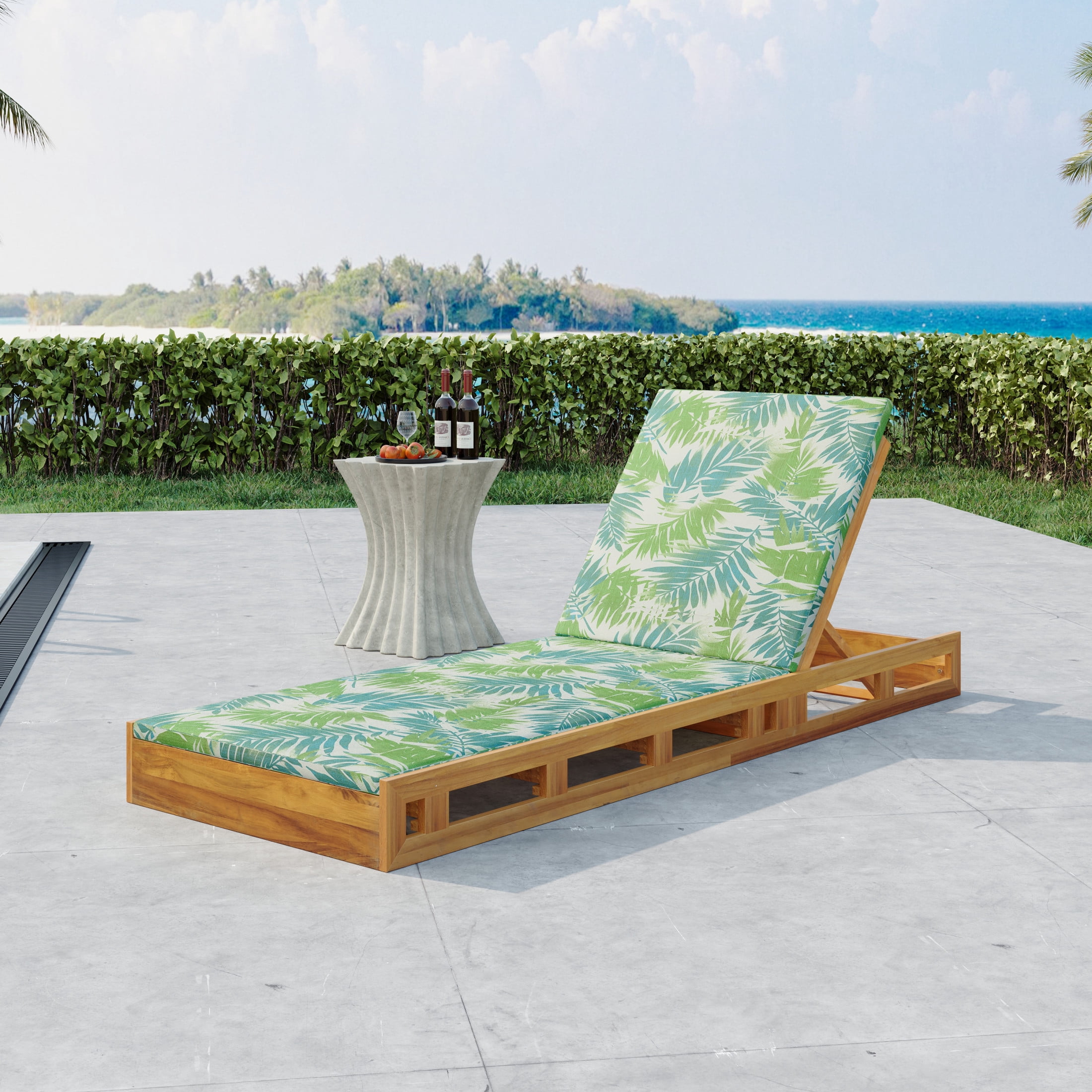 Christopher Knight Home Outdoor Wood Chaise Lounge with Adjustable Backrest, Slatted Base and Cushion, Leaf-Patterned
