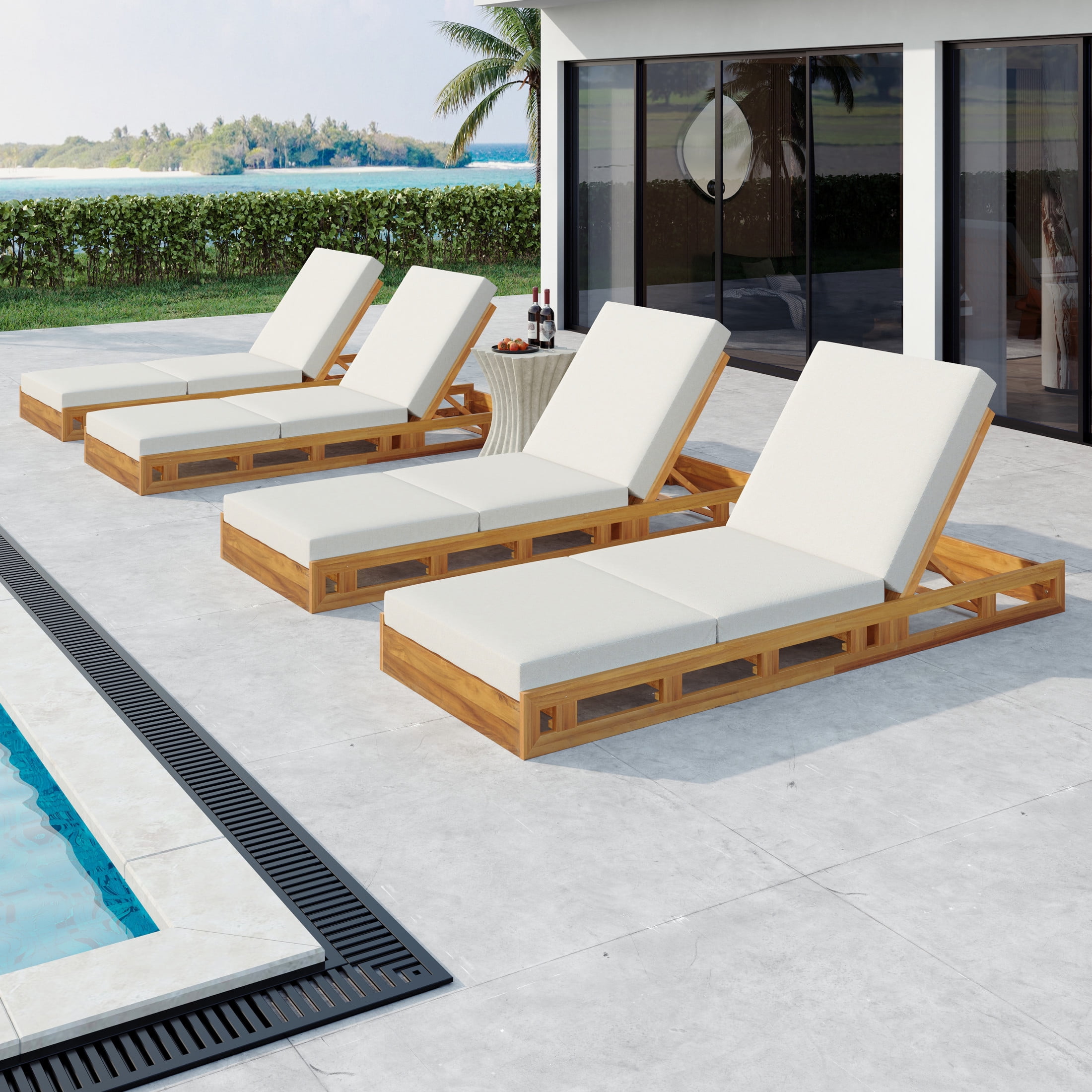 Christopher Knight Home Outdoor Wood Chaise Lounge with Adjustable Backrest, Tri-folding Cushion, Cream, Set of 4