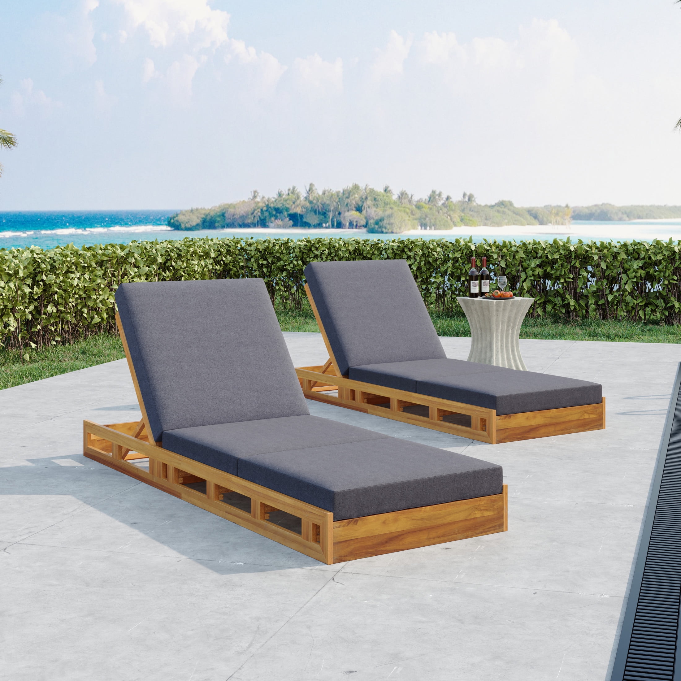 Christopher Knight Home Outdoor Wood Chaise Lounge with Adjustable Backrest, Tri-folding Cushion, Dark Gray, Set of 2