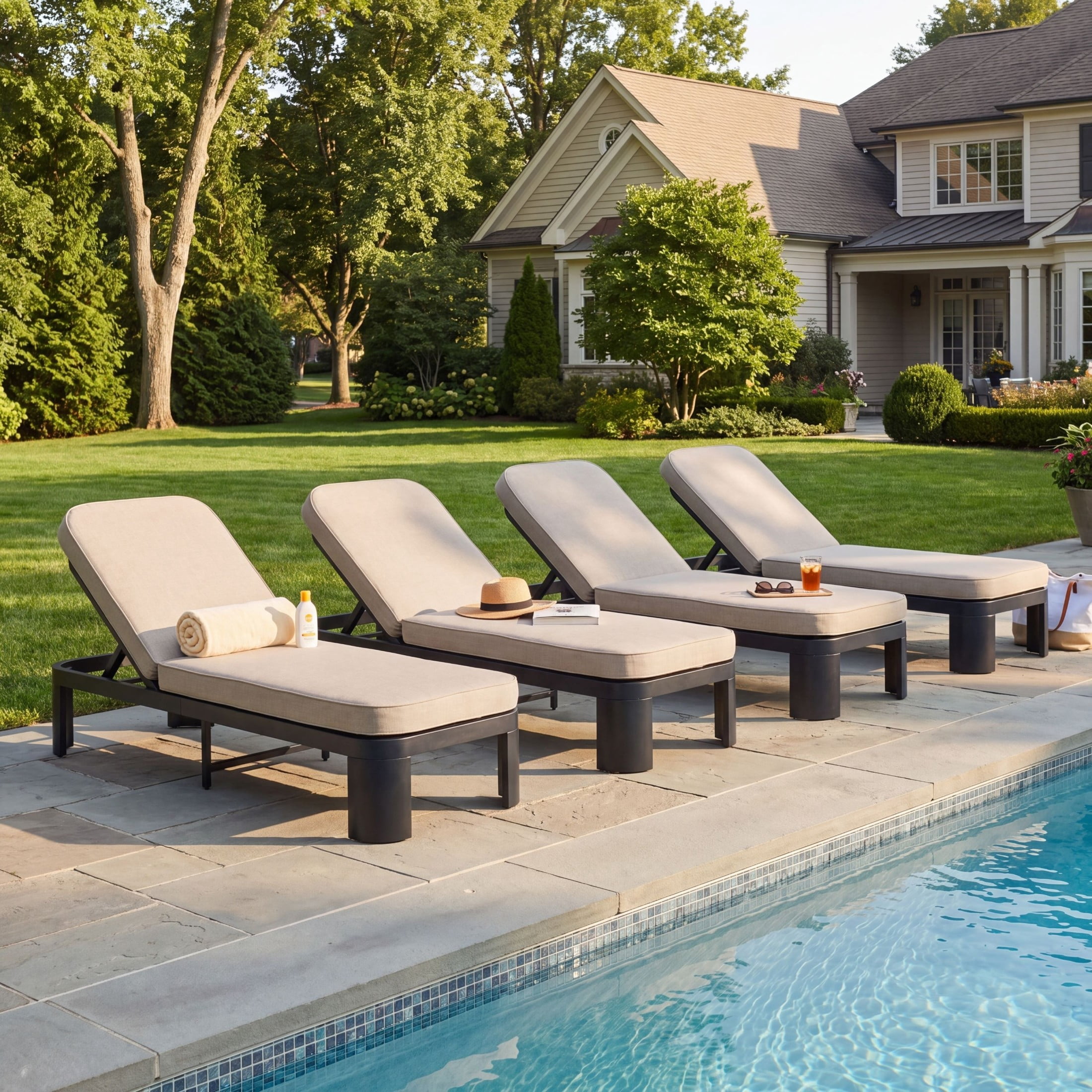 Christopher Knight Home Outdoor Wood Chaise Lounge with Adjustable Backrest and Beige Cushion, Black, Set of 4