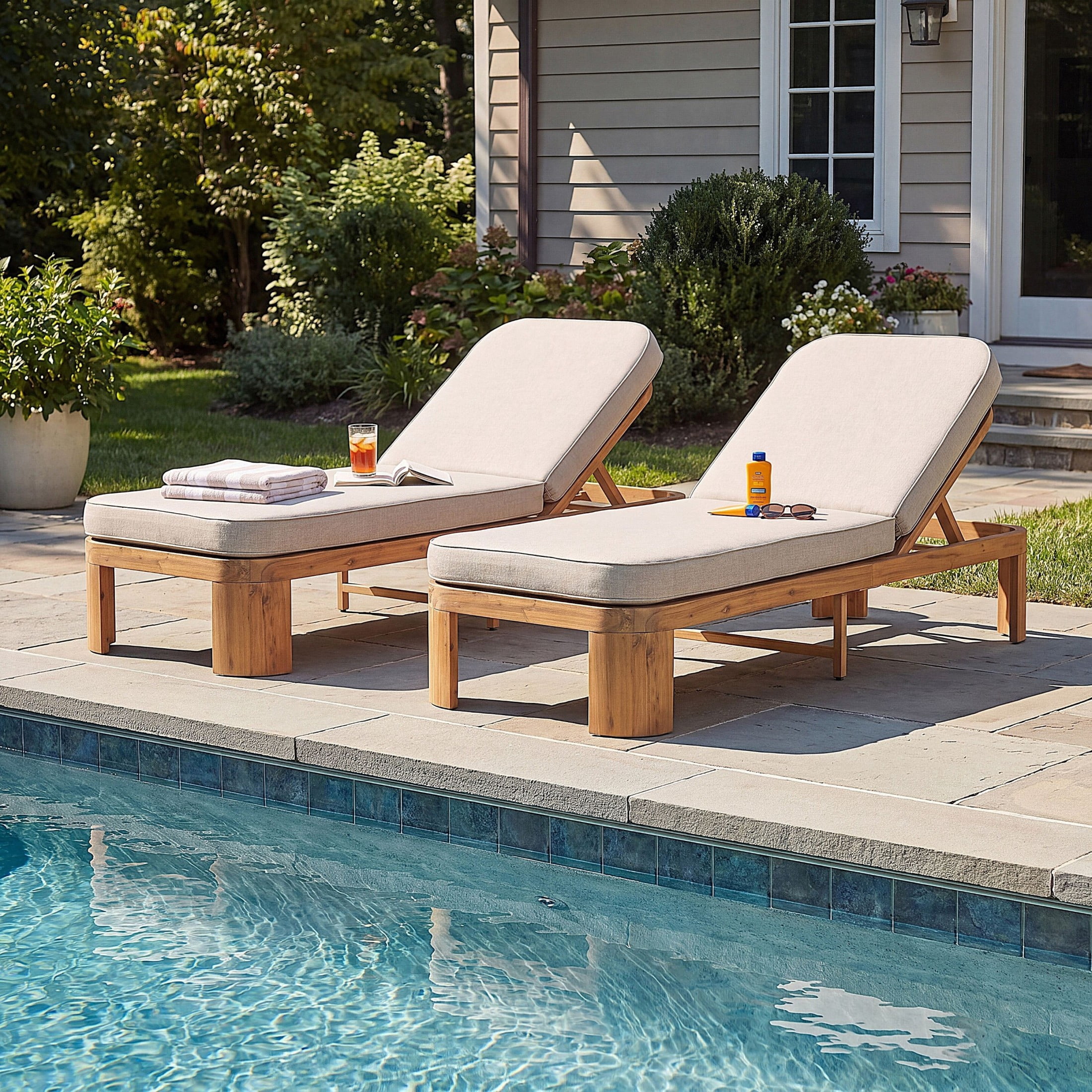 Christopher Knight Home Outdoor Wood Chaise Lounge with Adjustable Backrest and Beige Cushion, Teak, Set of 2