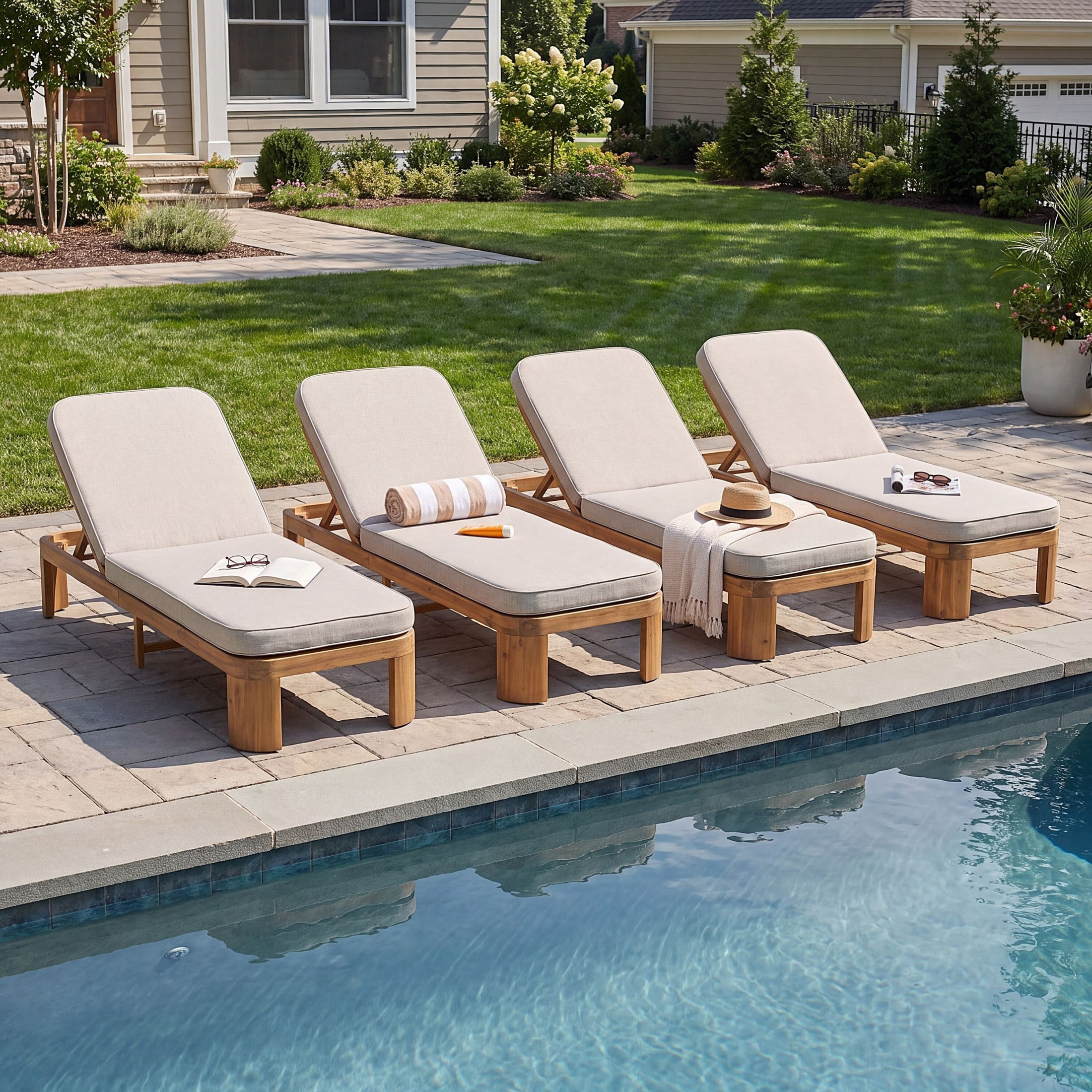 Christopher Knight Home Outdoor Wood Chaise Lounge with Adjustable Backrest and Beige Cushion, Teak, Set of 4