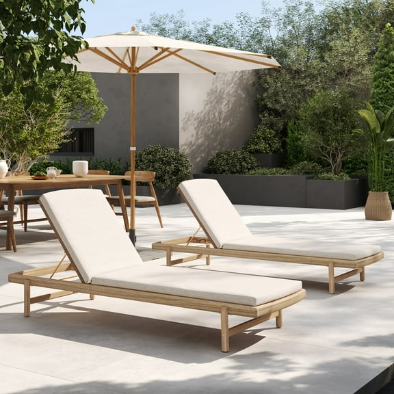 Christopher Knight Home Outdoor Wood Chaise Lounge with Beige Cushion, Patio Recliner with Rounded Edges, Teak, Set of 2