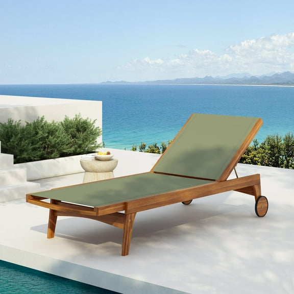 Christopher Knight Home Outdoor Wood Chaise Lounge with Mesh Seat, Adjustable Backrest & Wheels, Green