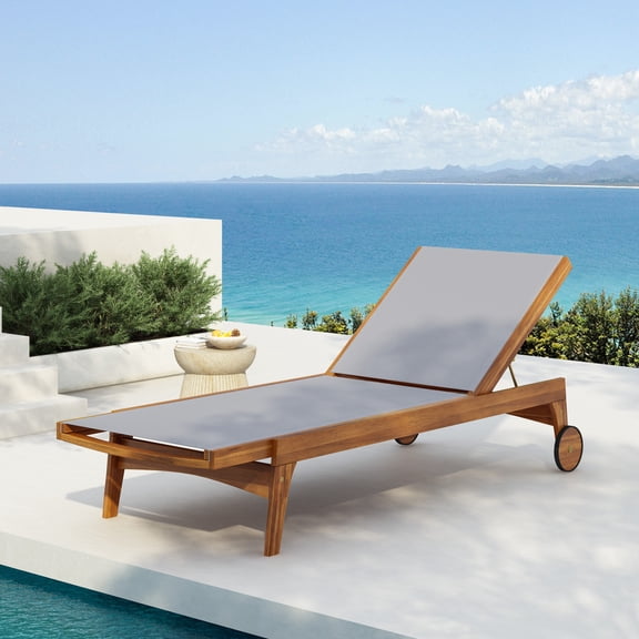 Christopher Knight Home Outdoor Wood Chaise Lounge with Mesh Seat, Adjustable Backrest & Wheels, Gray