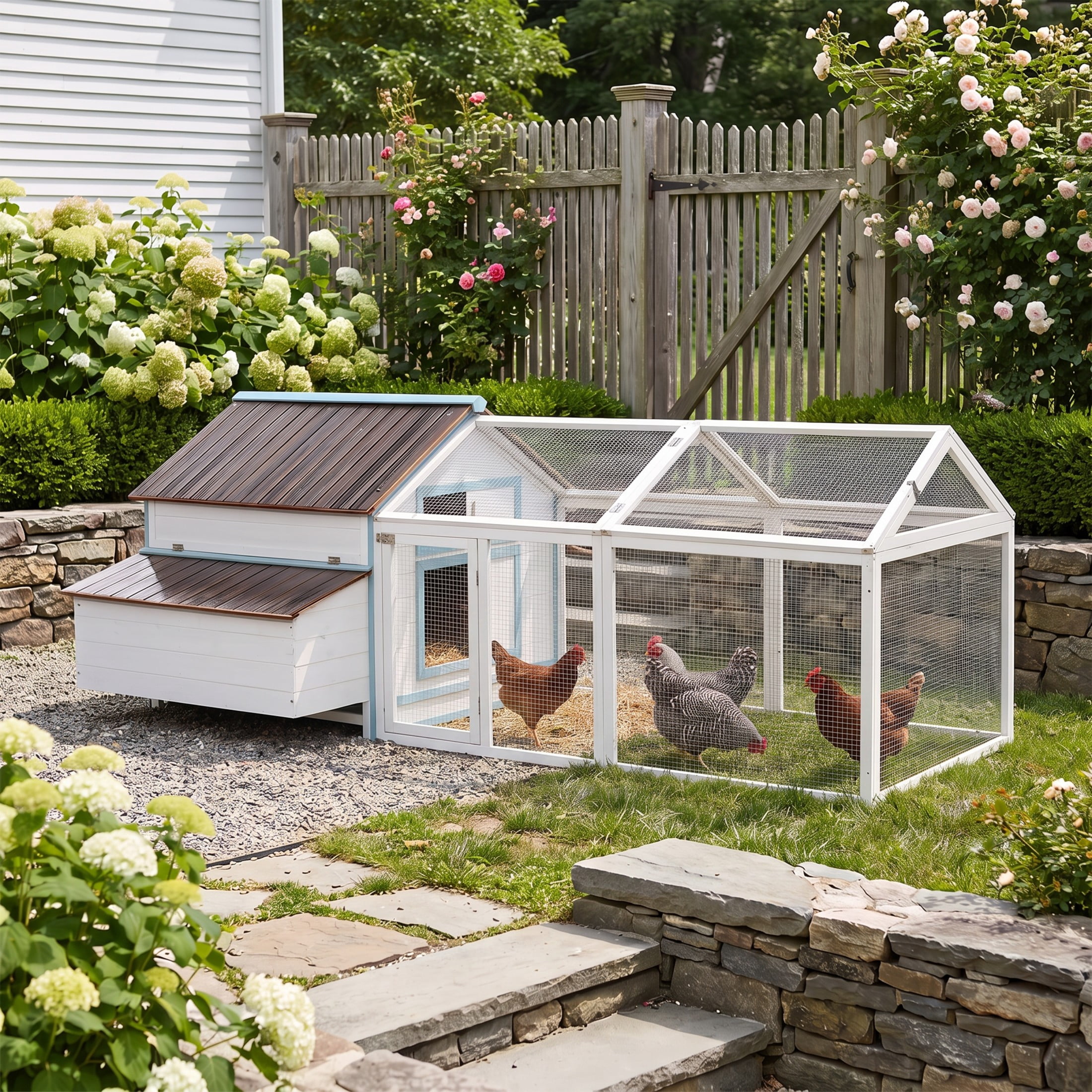 Christopher Knight Home Outdoor Wood Chicken Coop with Spacious Exercise Run, Nesting Box, White+Blue