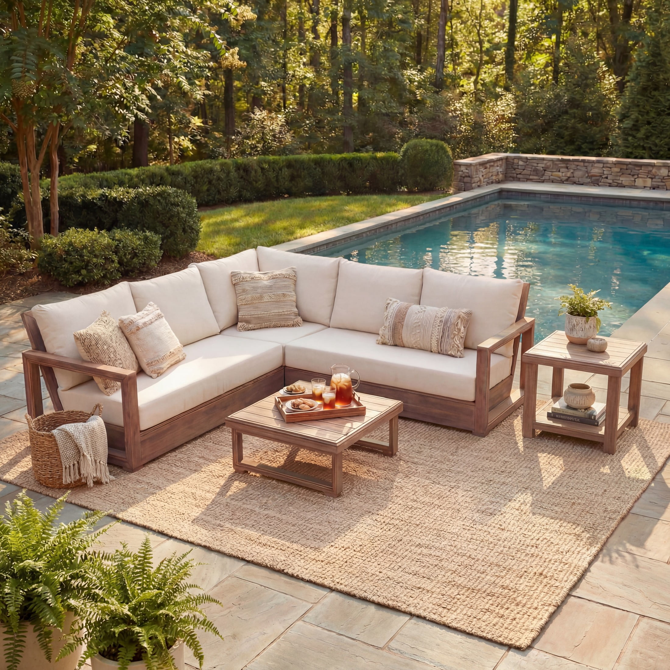 Christopher Knight Home Outdoor Wood Conversation Set with Coffee Table, Beige Cushion, 5 Seats, Brown Wash