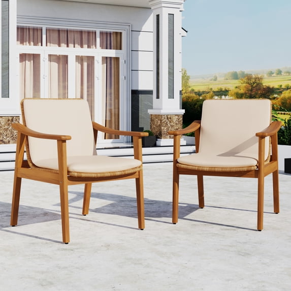 Christopher Knight Home Outdoor Wood Dining Armchair with Cushion, Wicker Seat and Backrest, Teak+Beige, Set of 2