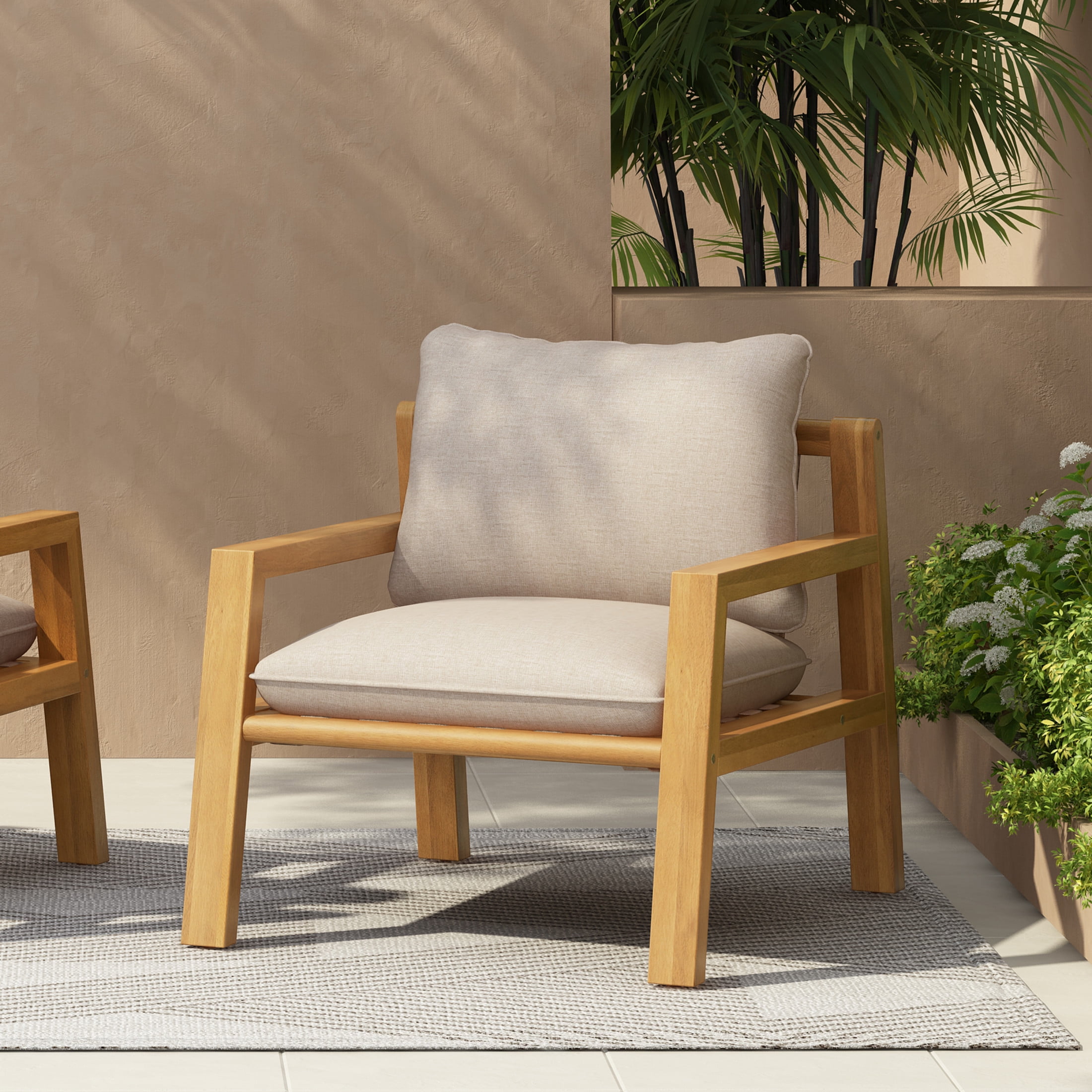 Christopher Knight Home Outdoor Wood Lounge Chair with Rope Weaving Backrest, Beige Cushion