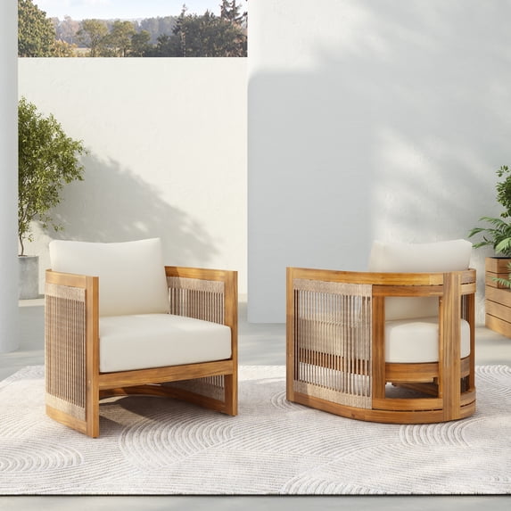 Christopher Knight Home Outdoor Wood Lounge Chair with Woven Rope Accents, Beige Cushion, Set of 2
