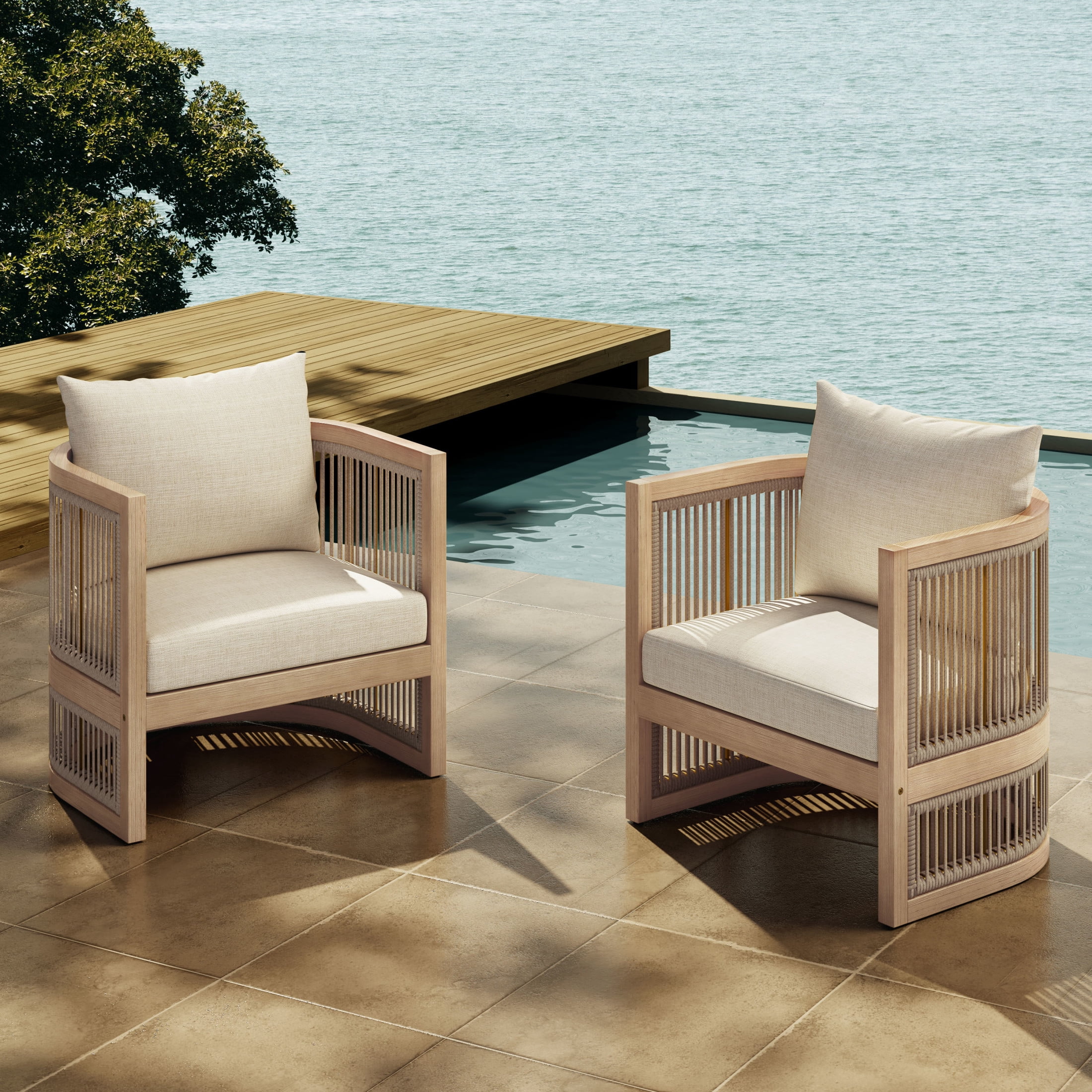 Christopher Knight Home Outdoor Wood Lounge Chair with Woven Rope Design and Removable Cushions, Beige, Set of 2