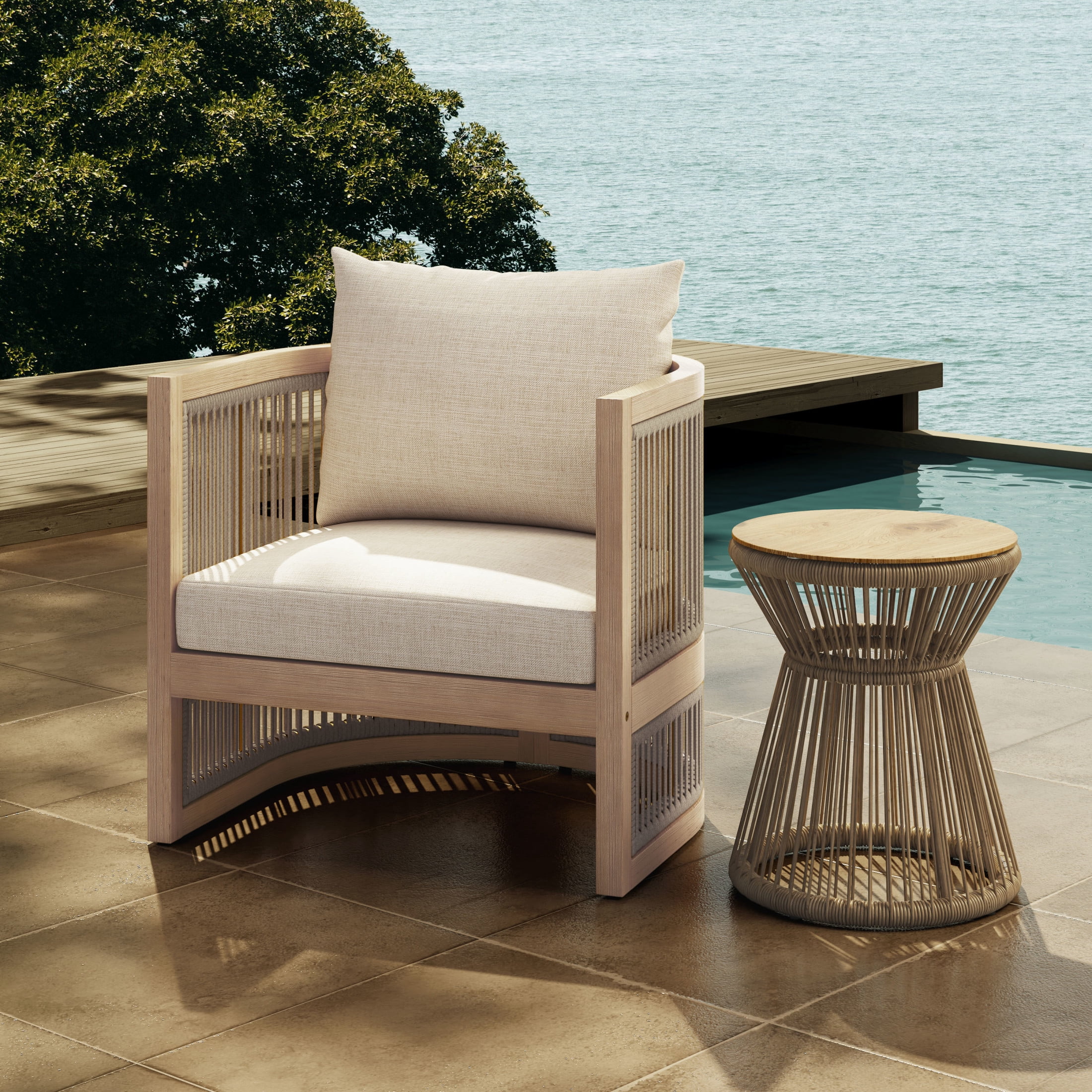 Christopher Knight Home Outdoor Wood Lounge Chair with Woven Rope Design and Removable Cushions, Beige