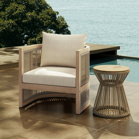 Christopher Knight Home Outdoor Wood Lounge Chair with Woven Rope Design and Removable Cushions, Beige