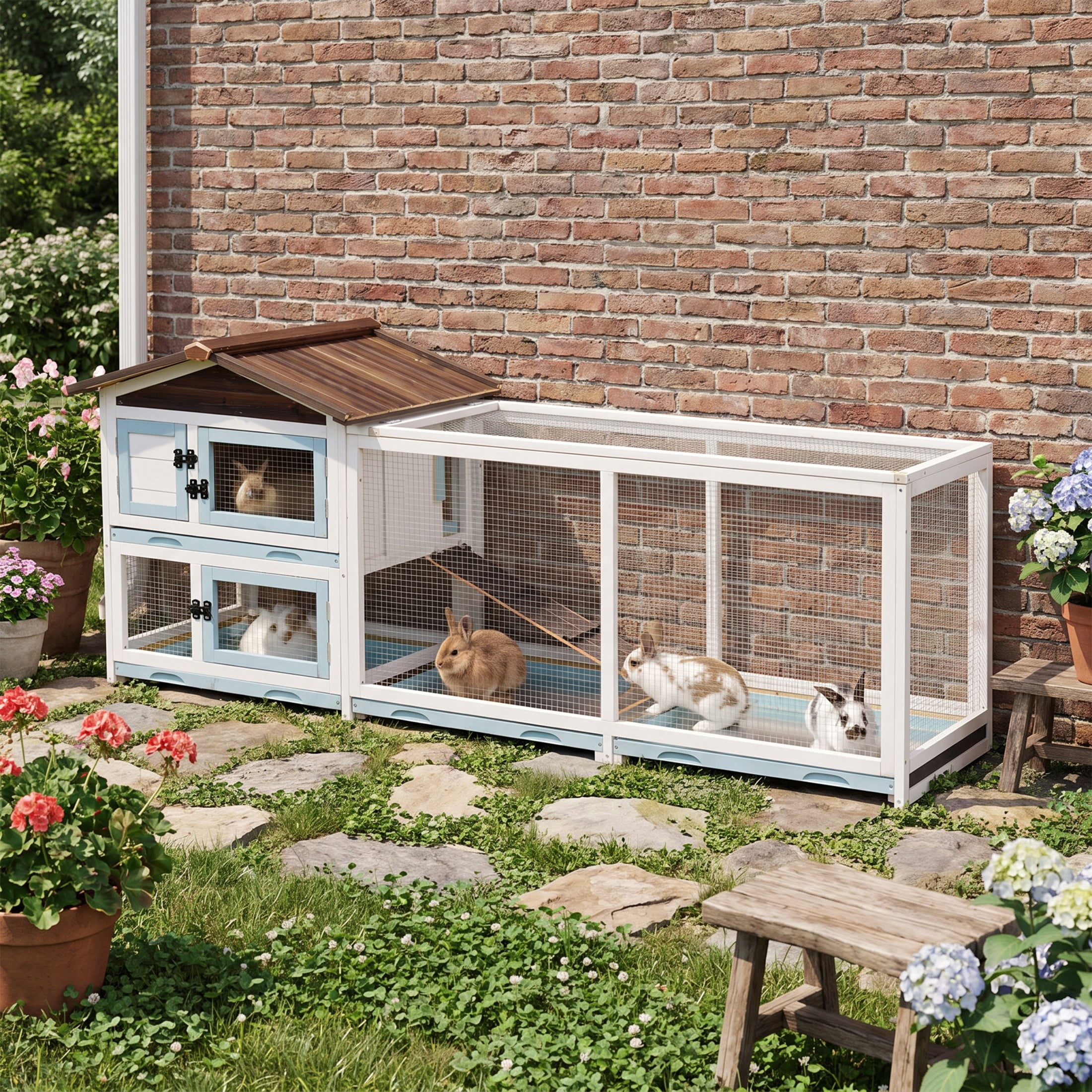 Christopher Knight Home Outdoor Wood Small Animal Rabbit Hutch with Removable Cleaning Trays, White+Blue