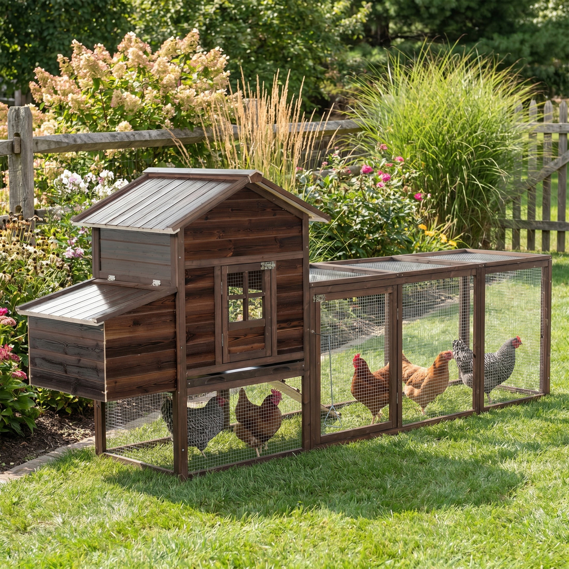 Christopher Knight Home Outdoor Wooden Chicken Coop, Elevated Hen House with Run, Nesting Box, Dark Brown