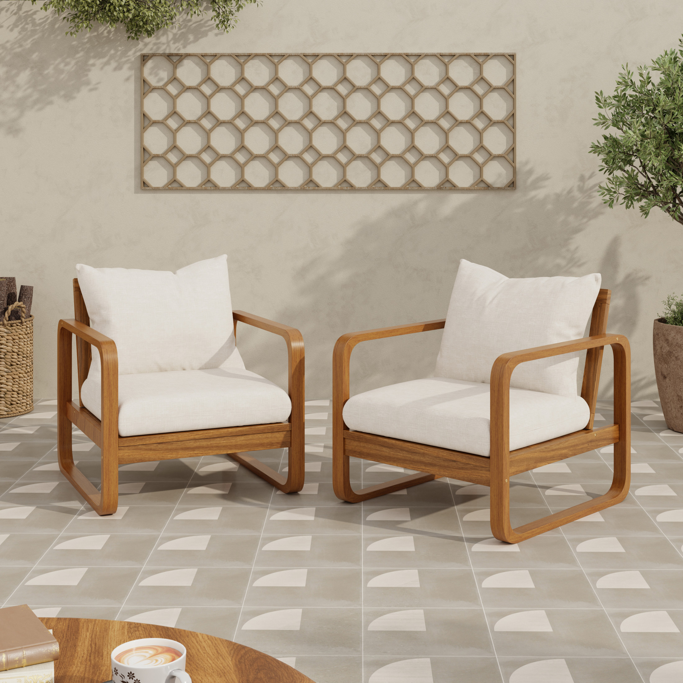 Christopher Knight Home Outdoor Wooden Lounge Chair, Curved Patio Armchair with Beige Cushions, Teak Finish, Set of 2