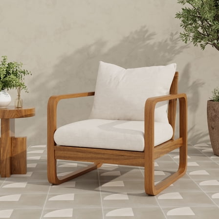 Christopher Knight Home Outdoor Wooden Lounge Chair, Curved Patio Armchair with Beige Cushions, Teak Finish