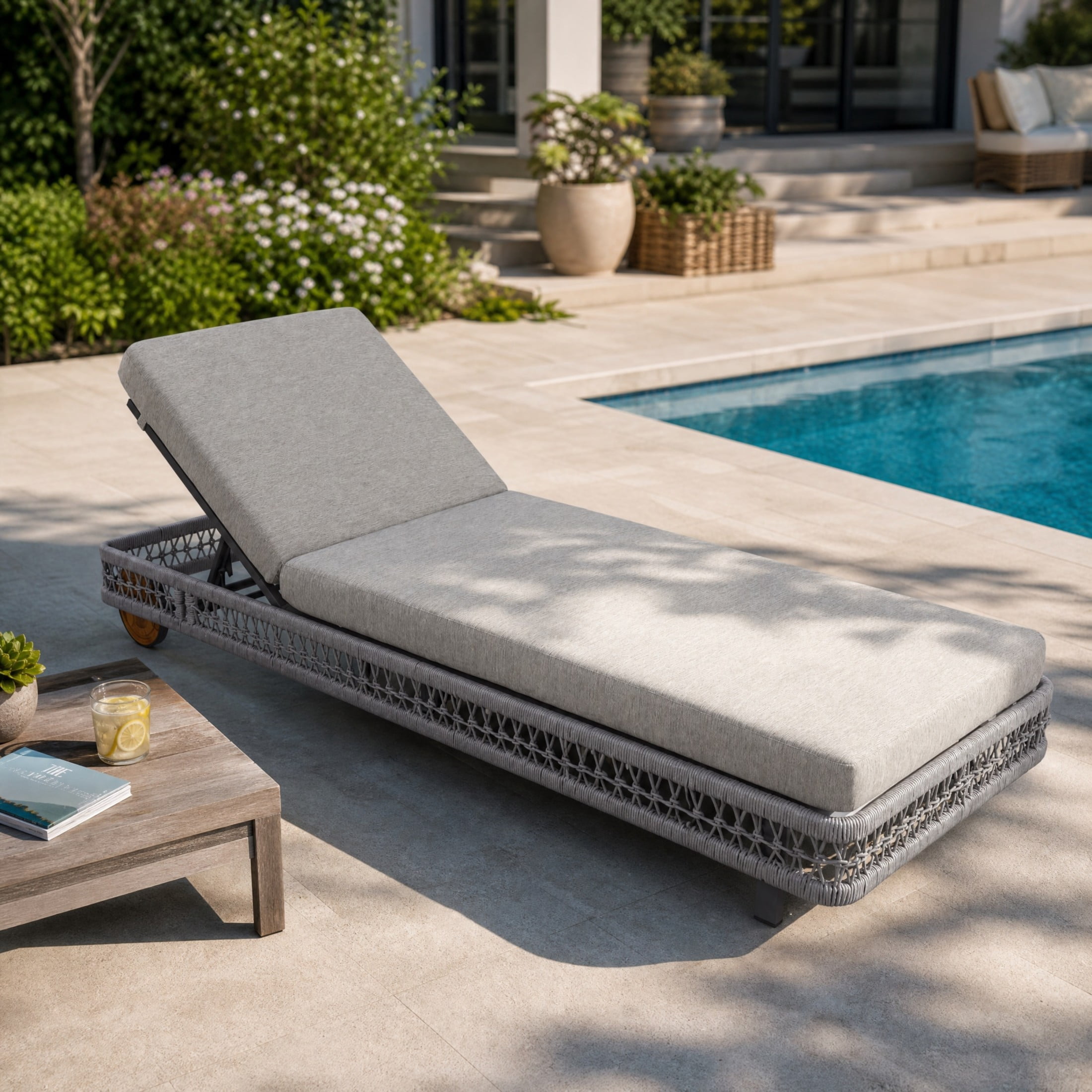 Christopher Knight Home Outdoor Woven Rope Chaise Lounge with Wheels, Adjustable Backrest, Steel Frame, Gray