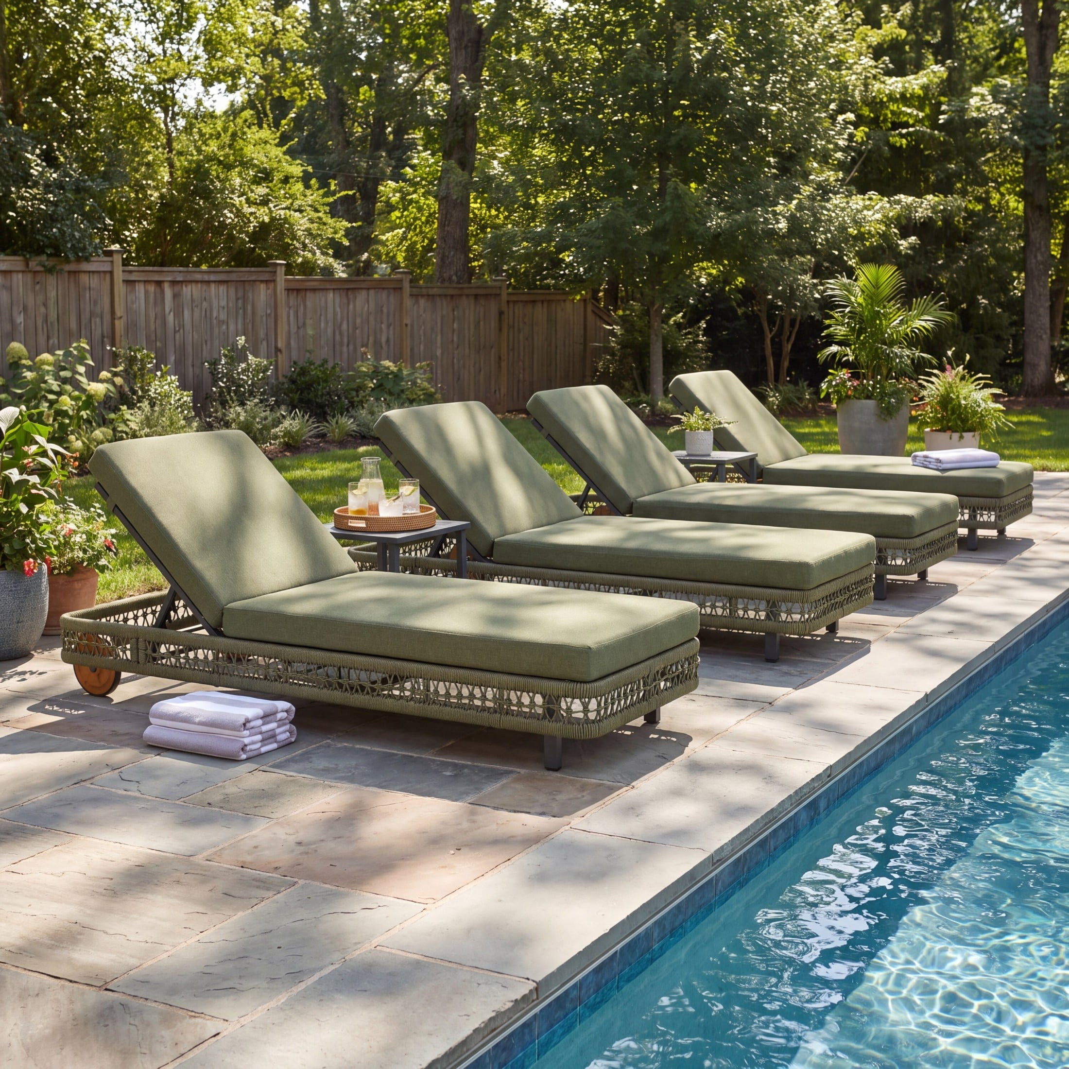 Christopher Knight Home Outdoor Woven Rope Chaise Lounge with Wheels, Adjustable Backrest, Steel Frame, Green, Set of 4